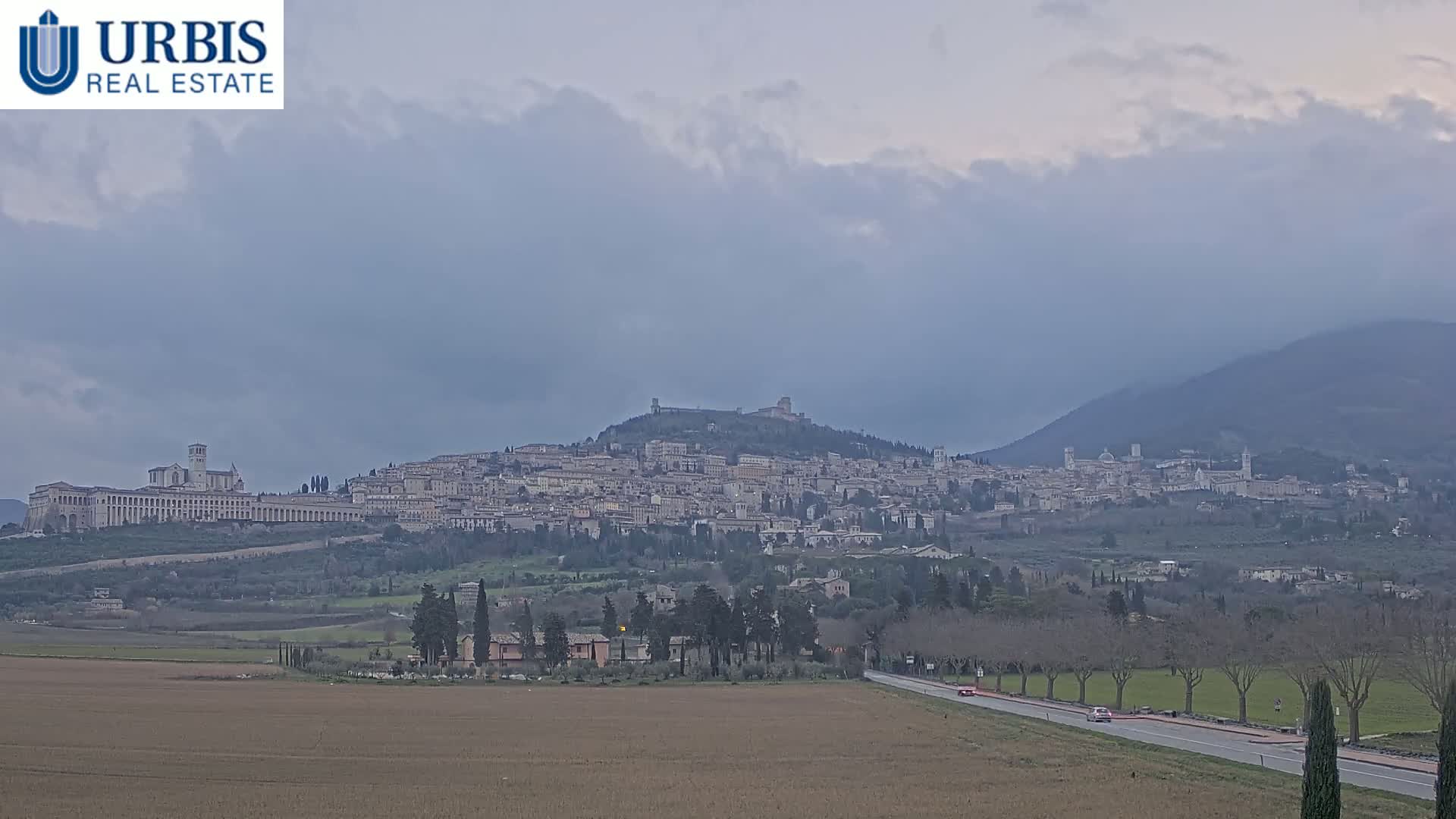 A large hilltop town is visible in the distance under an overcast sky, with a road and flat fields in the foreground.