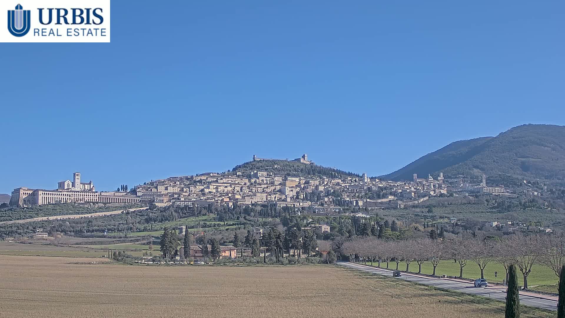 A large hilltop town with numerous buildings, including a large basilica, is seen from a distance on a clear, sunny day, with a flat field and a road in the foreground.