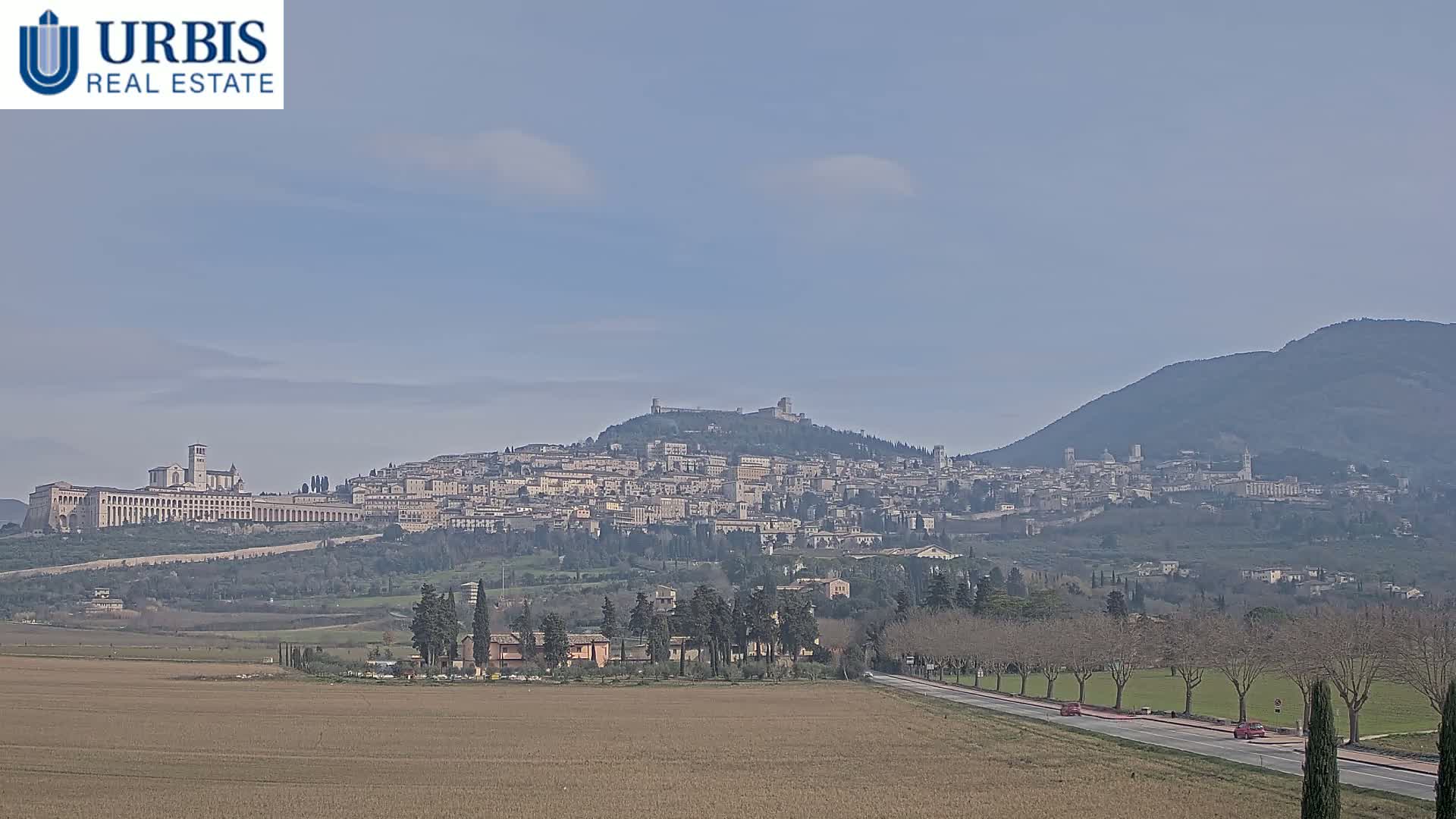 A sprawling hilltop town, possibly Assisi, is visible in the distance under a clear, pale blue sky, with a flat, brown field and a road in the foreground.