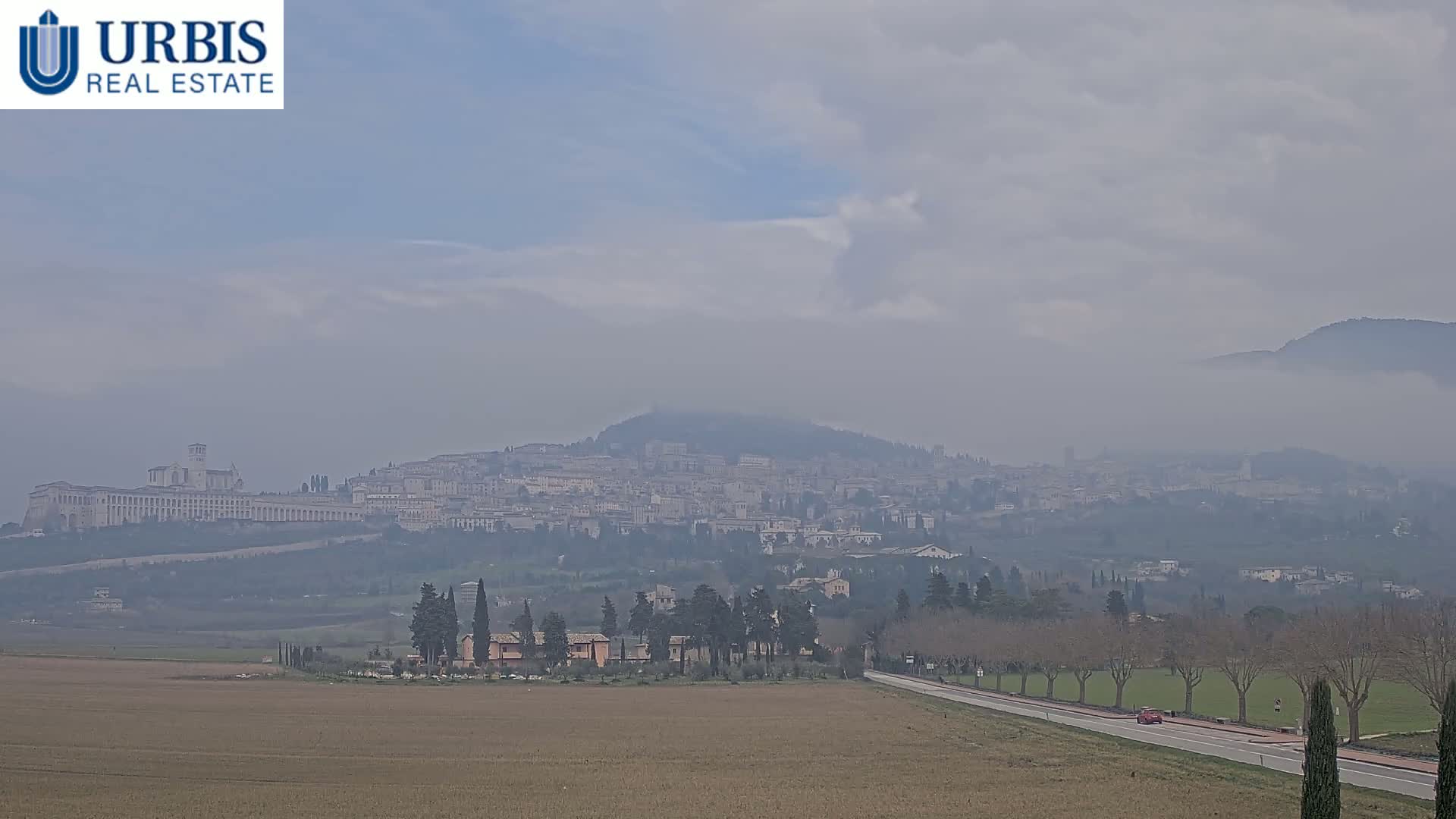 A hazy, overcast day reveals a distant city nestled on a hill, with a long, flat building prominent in the foreground, all viewed from a flat, brown field beside a road lined with trees.