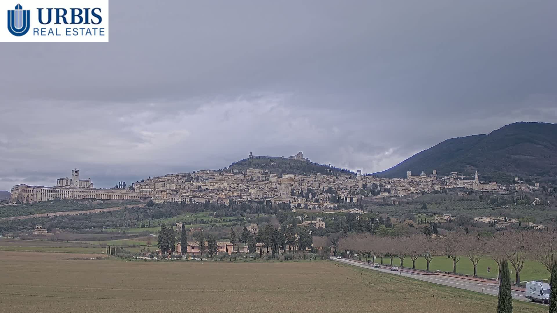 A hilltop town, with a large, light-colored building on the left, sits under an overcast sky, viewed from a distance across a flat, brown field and a road lined with bare trees.