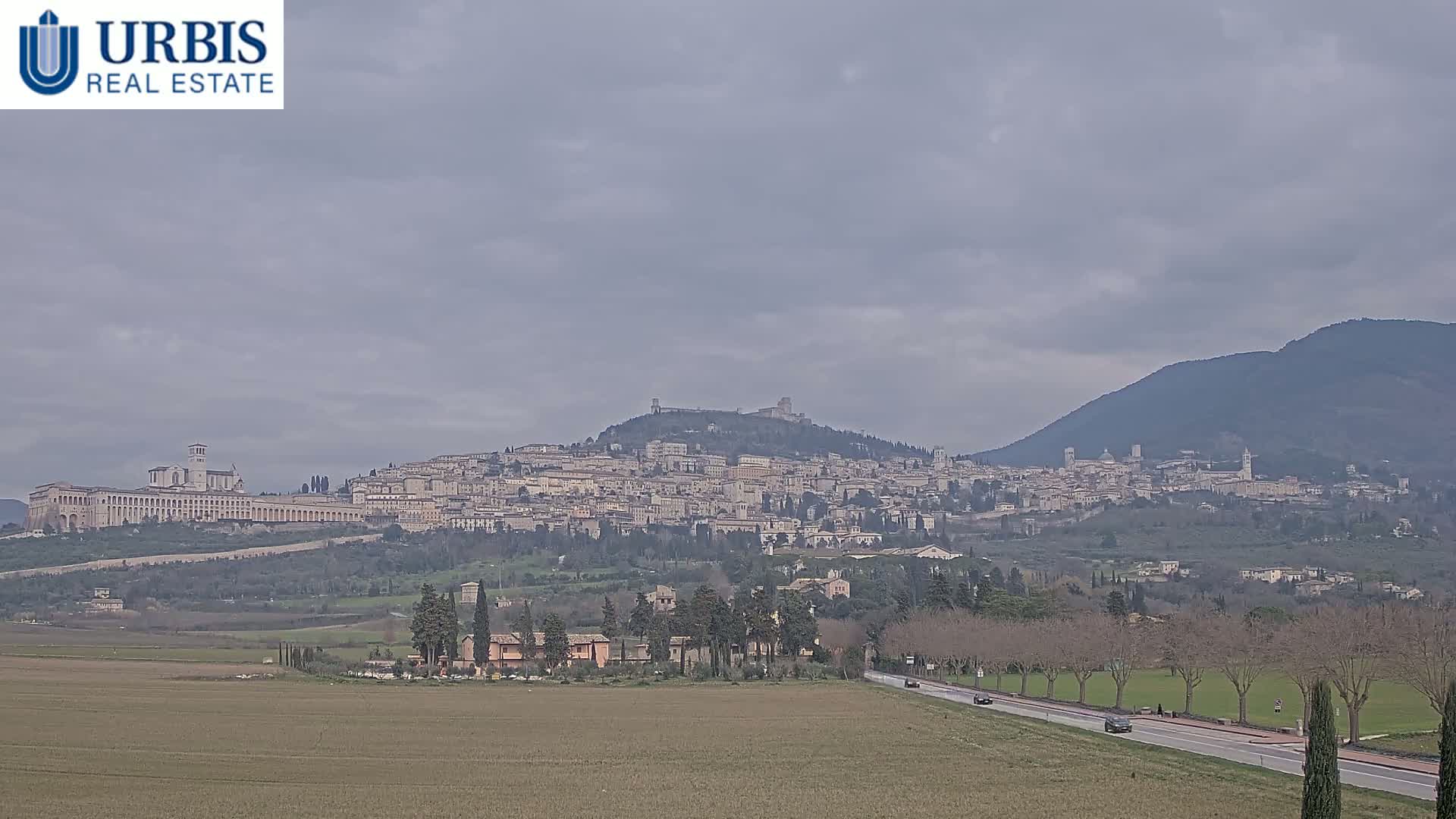 A large hilltop town with a long, pale building at its base is visible in the distance under an overcast sky, with a flat, brown field and road in the foreground.