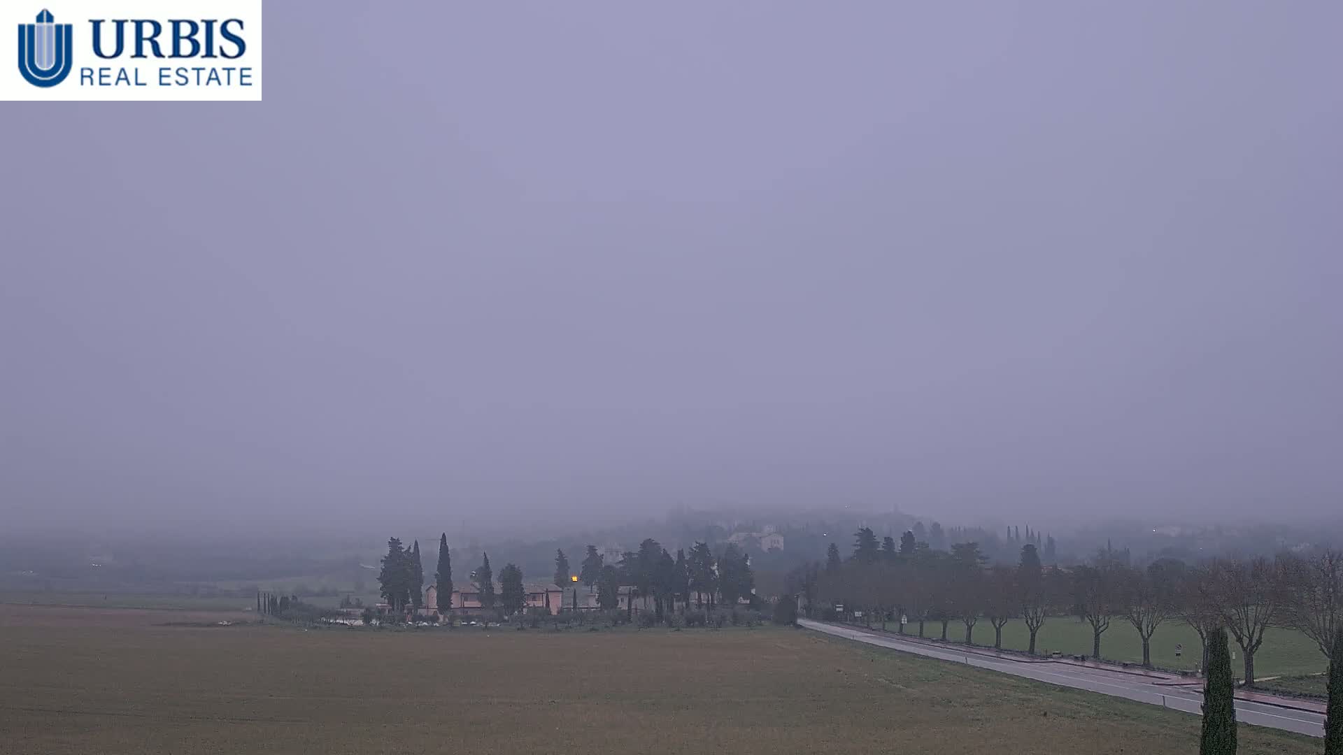 A hazy, pale-purple landscape shows a flat field, a road lined with trees, and a cluster of buildings partially obscured by fog.