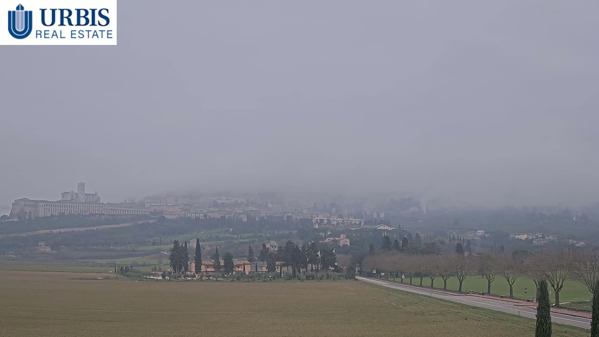 A hazy, distant view of a city nestled in a hilly landscape, with a long, low building prominent in the background, is seen from across a flat field and a road lined with bare trees.