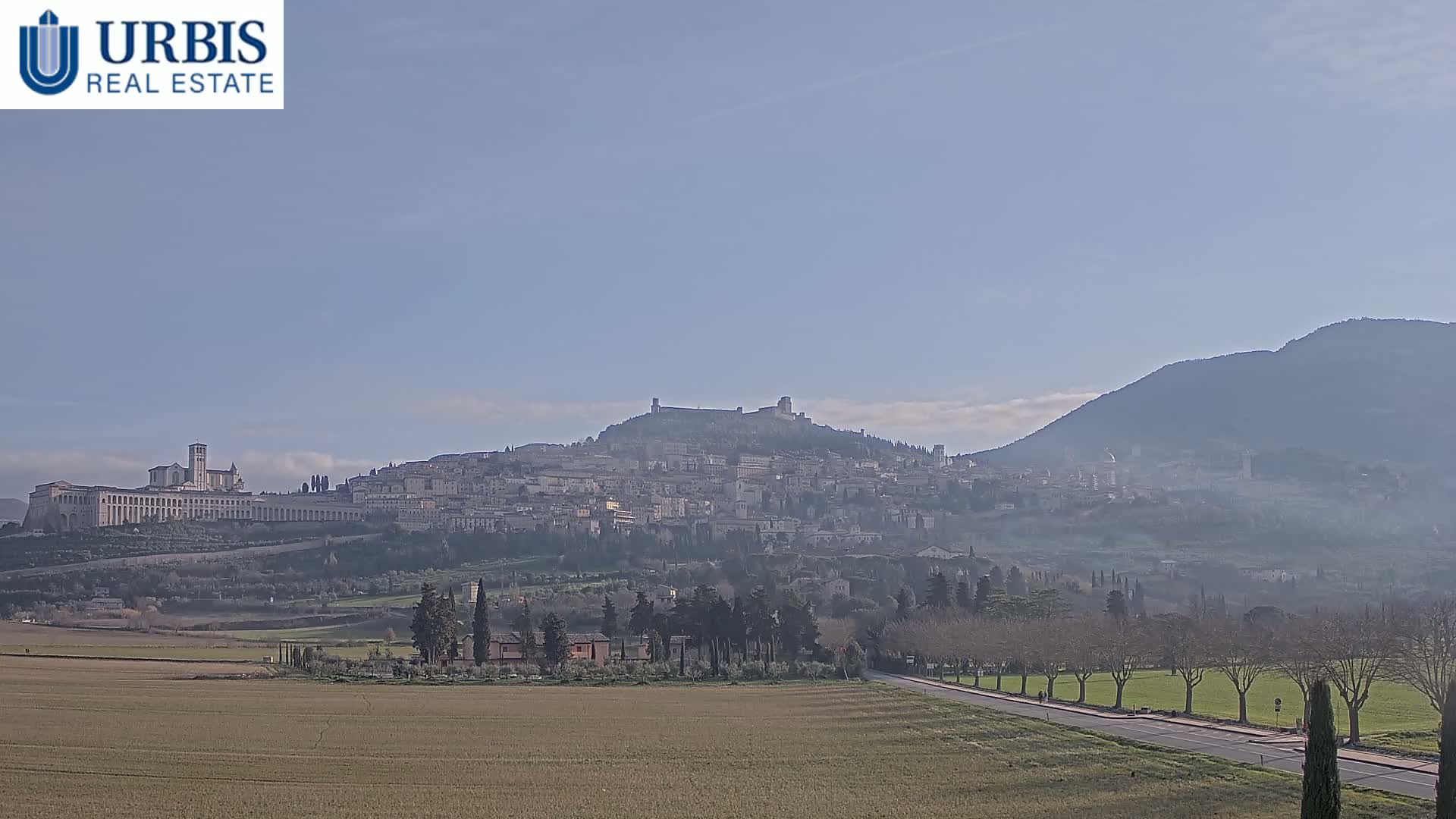 A hazy, sunlit view of Assisi, Italy, shows the town situated on a hill, with a large basilica and a fortress visible, and a road leading to it across a flat, brown field.