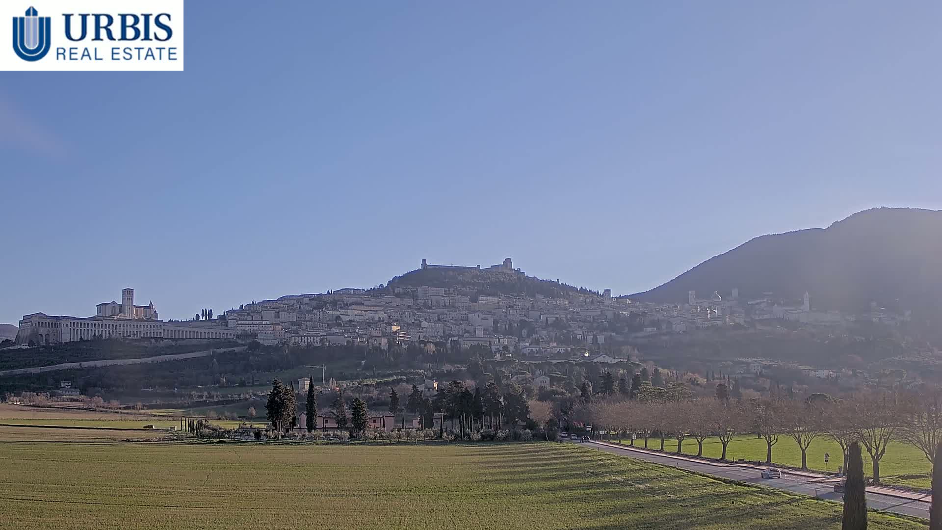 A large hill town, possibly Assisi, is visible in the distance on a clear, sunny day, with a flat expanse of farmland in the foreground.