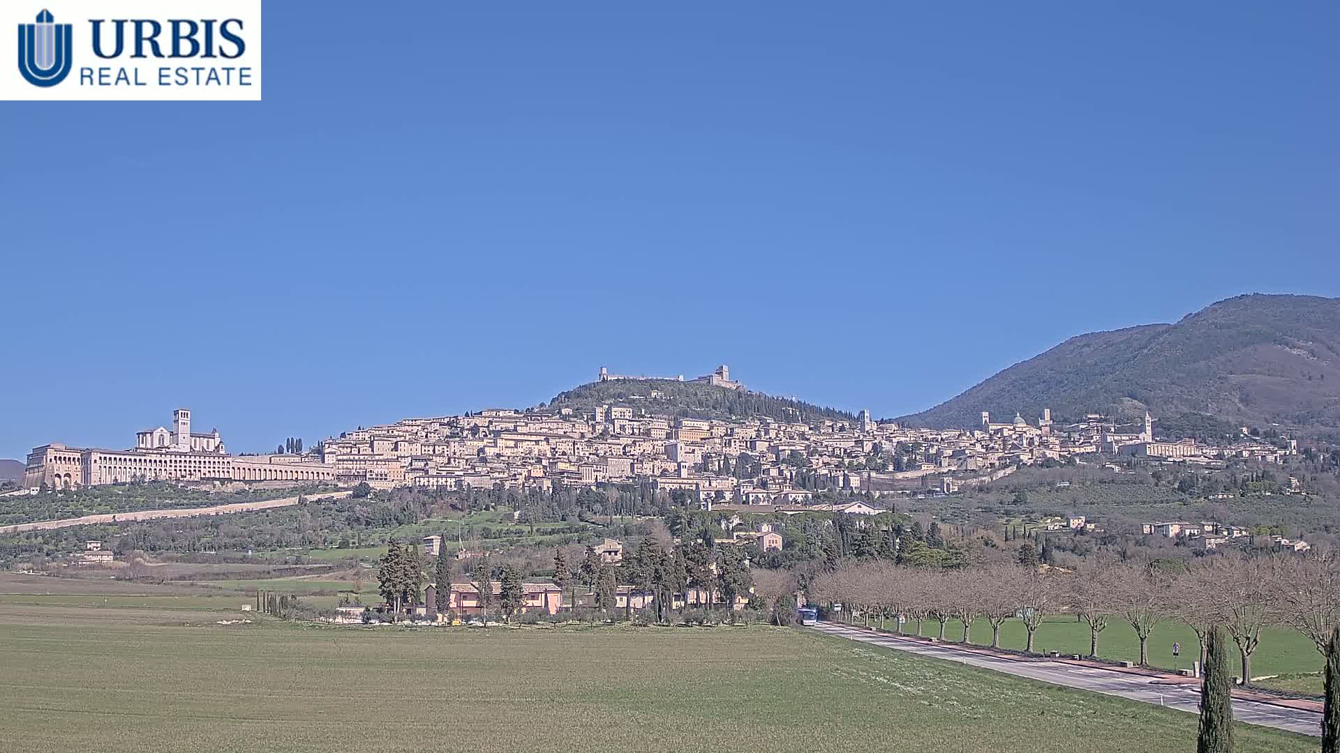 A large town sits atop a hill under a clear blue sky, with a flat, grassy field in the foreground and a mountain in the background.