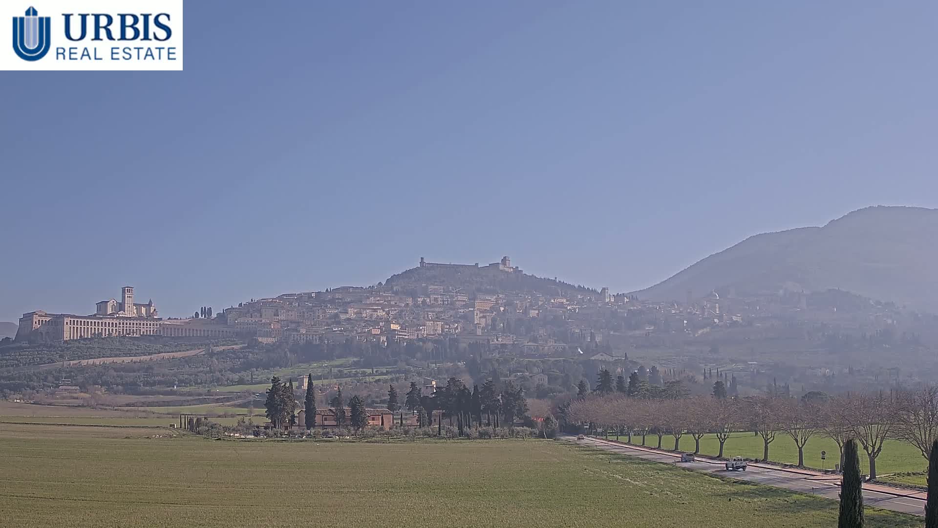 A hazy, sunny day reveals a sprawling hilltop town with a large basilica, set against a backdrop of a mountain range and a foreground of flat, green fields and a road lined with trees.