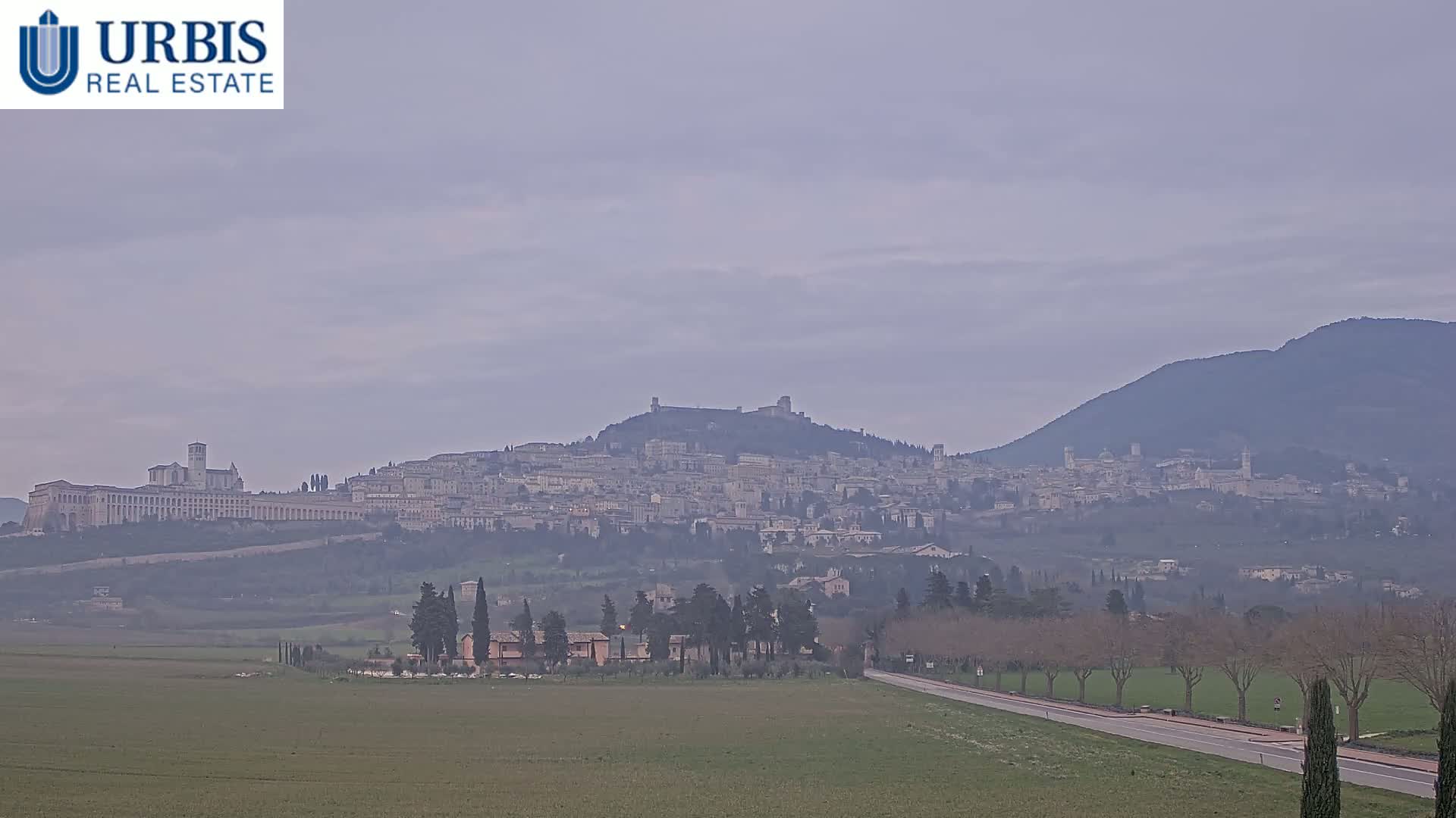 A hazy, distant view of Assisi, Italy, perched atop a hill, with a flat green field and road in the foreground.