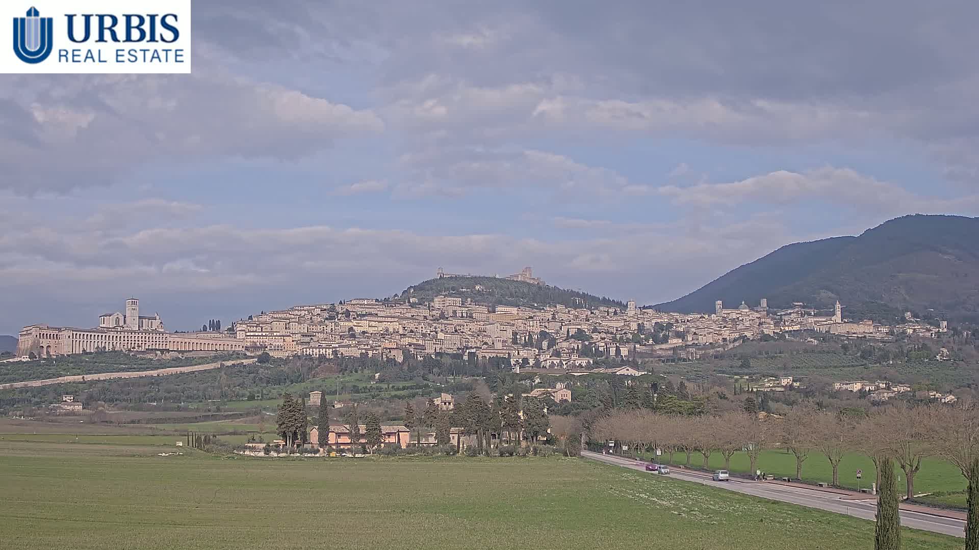 A hilltop town with numerous buildings, including a large basilica, stretches across a hillside under a partly cloudy sky, with a flat, grassy plain in the foreground.