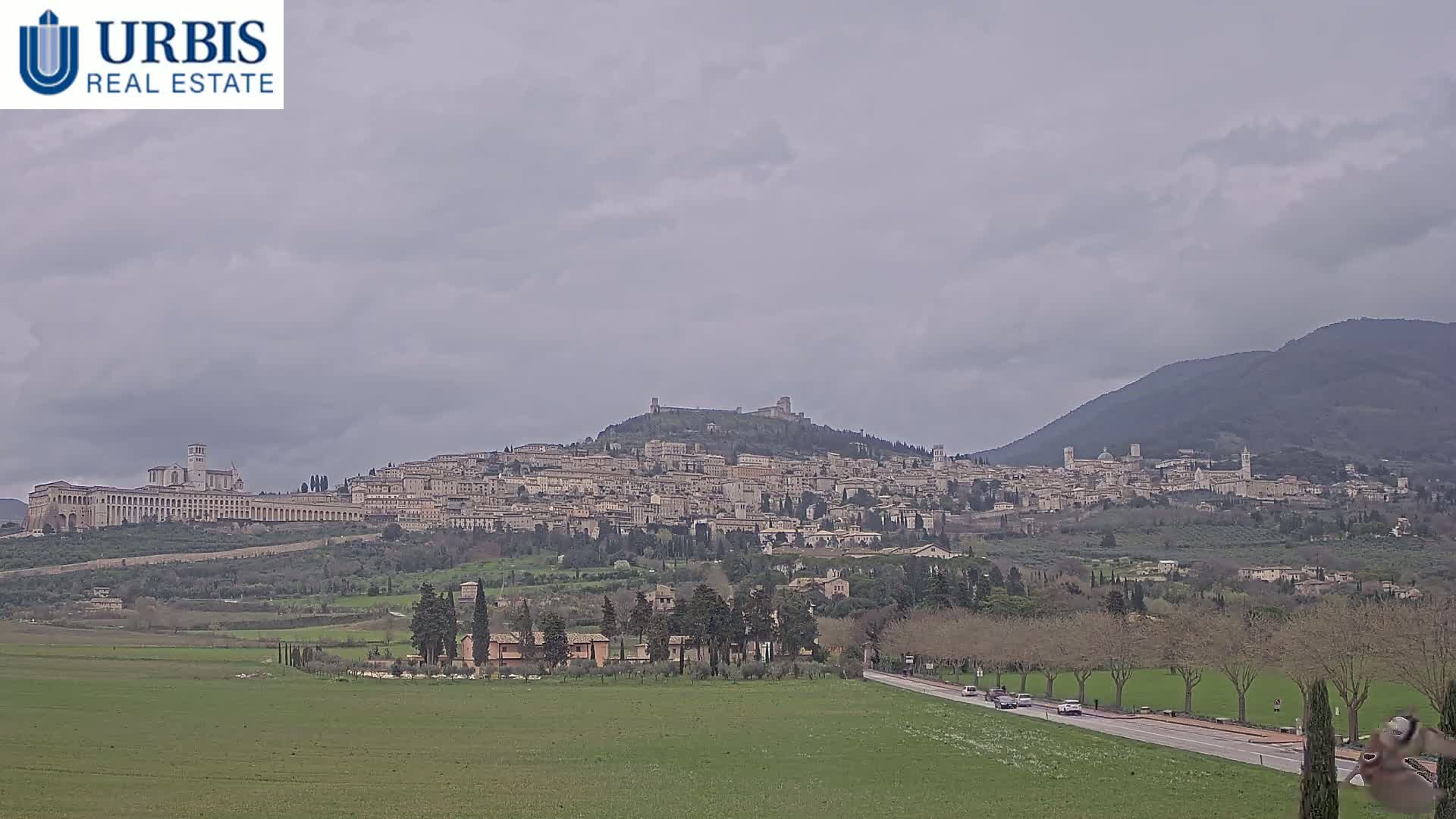 A hilltop town, with a large basilica, is viewed from a distance across a green field under an overcast sky.