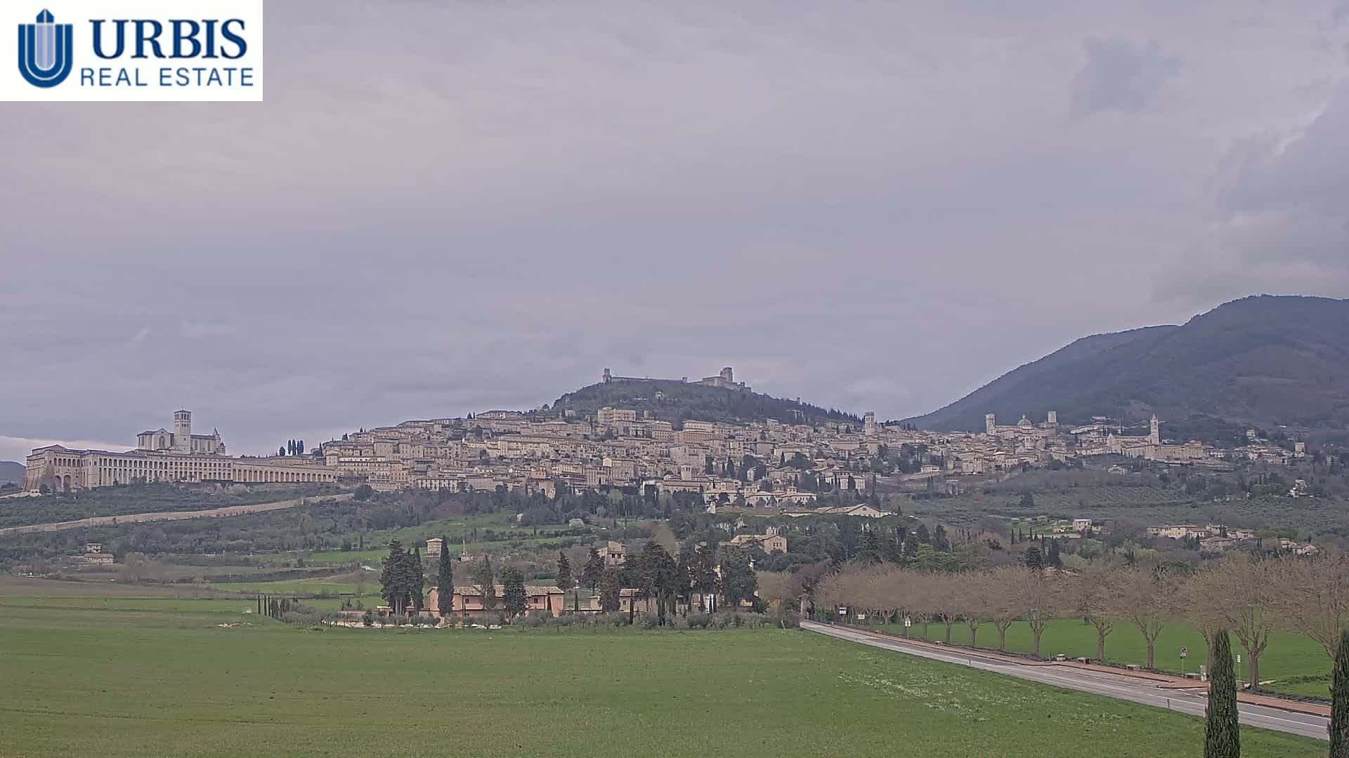 A sprawling hilltop town, under an overcast sky, is visible from a verdant field with a road running through it.