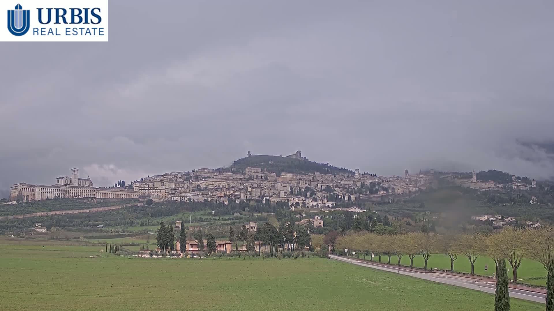A hilltop town, partly obscured by fog under an overcast sky, is visible from a distance across a flat green field.