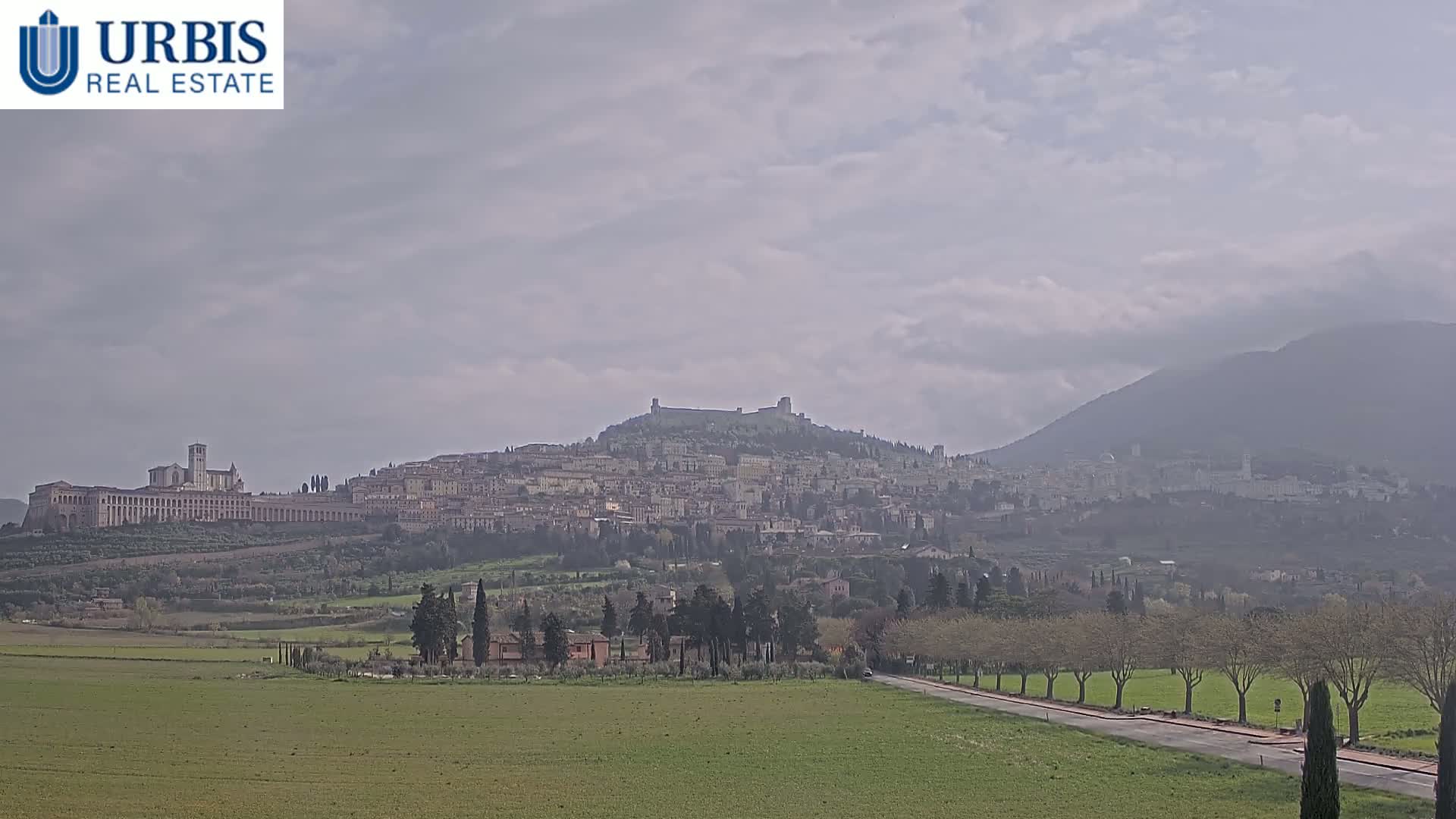 A large hilltop town, partially obscured by haze, is visible from a grassy field under a cloudy sky.