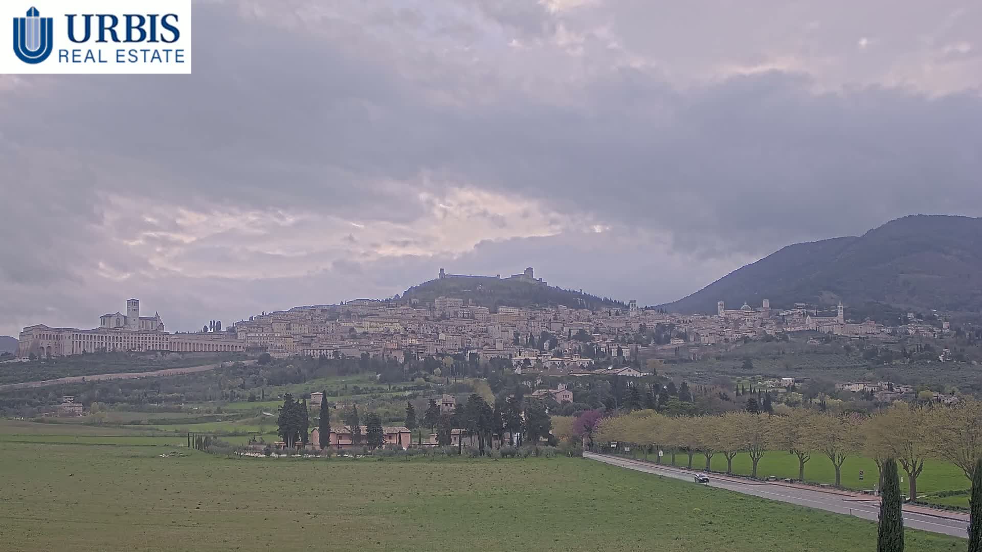 A hilltop town with a large basilica is seen under a cloudy sky, with a flat green field in the foreground and a road lined with trees.