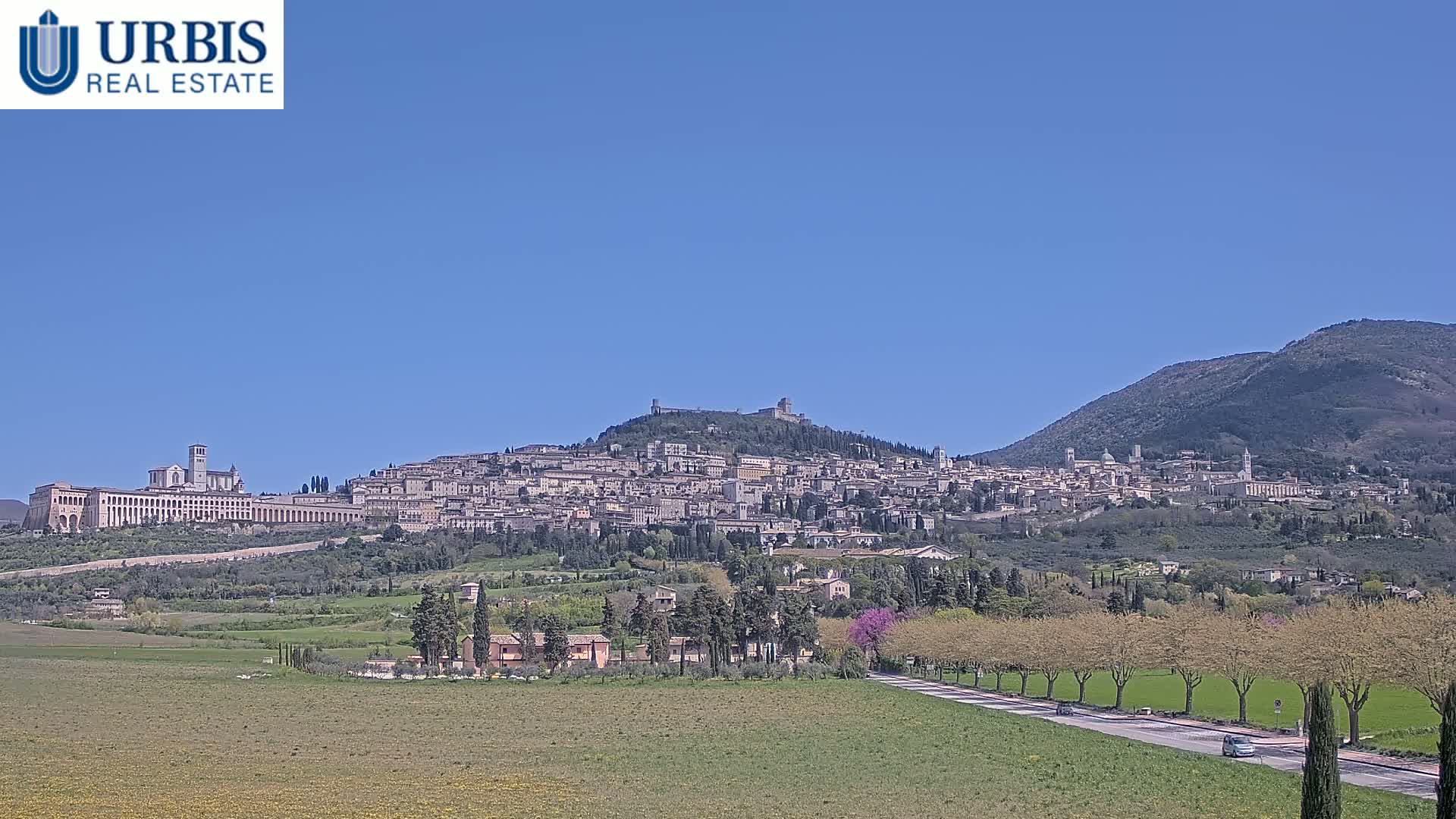 A hilltop town, nestled among green hills under a clear blue sky, stretches across the middle ground, with a large basilica and other buildings visible in the background.