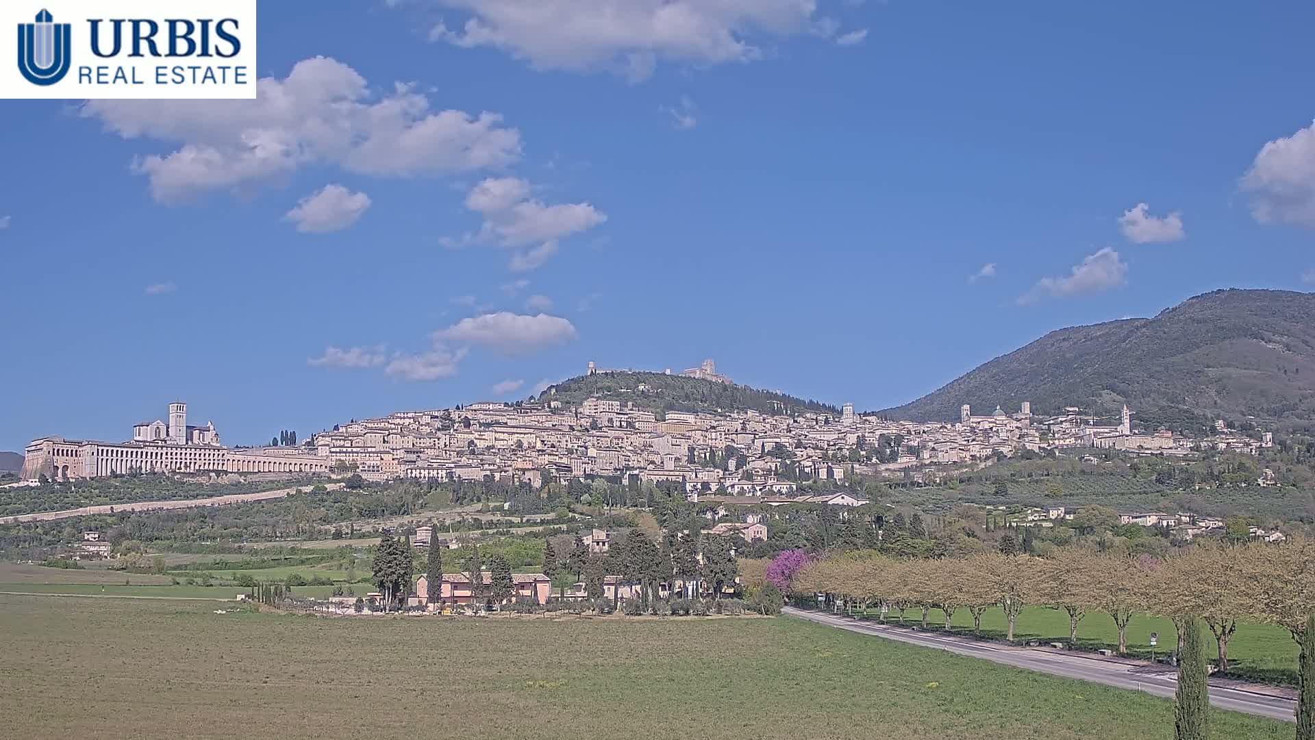 A hilltop town, dominated by a large basilica, stretches across a hillside under a mostly sunny sky, with a road and green fields in the foreground.