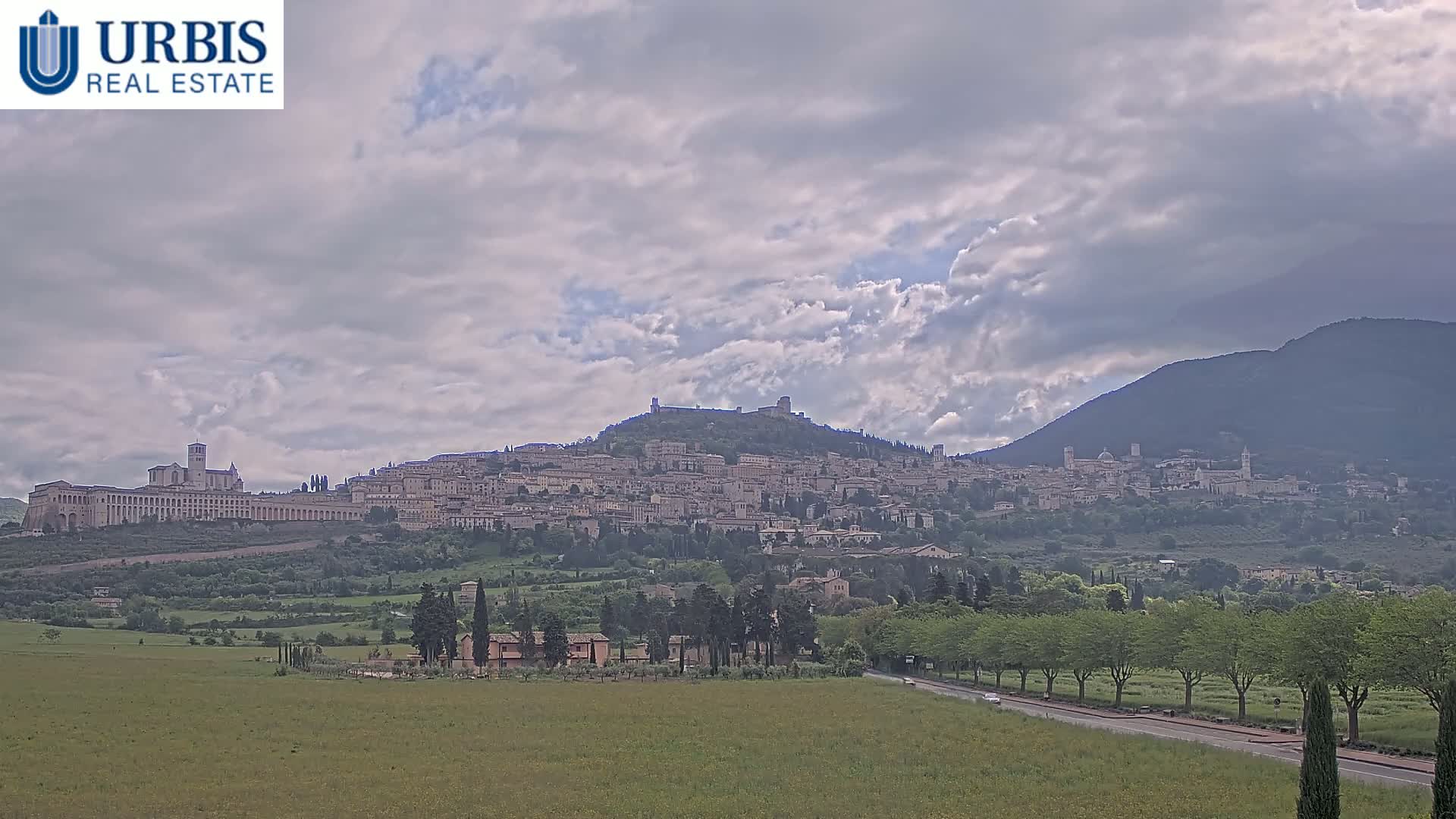 A hilltop town with many buildings, including a large basilica, is visible under a partly cloudy sky, with a mountain in the background and a verdant field in the foreground.