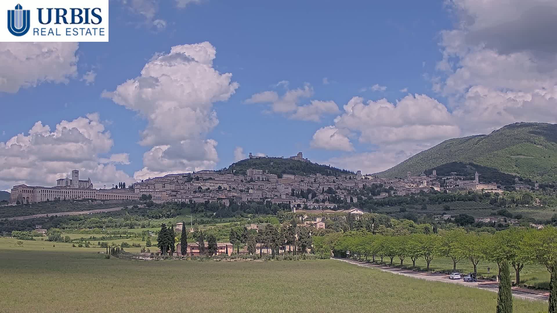 A hilltop town, nestled among green hills under a partly cloudy sky, is viewed from a distance across a field.