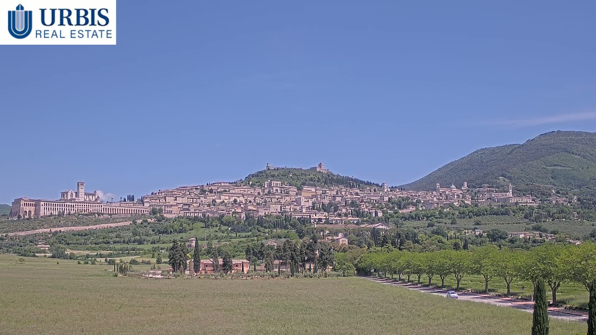 A large town sits atop a hill under a clear blue sky, with a mountain in the background and a field in the foreground.