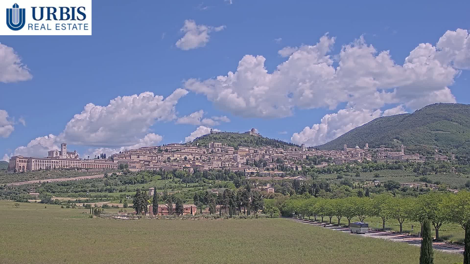 A large hill town under a partly cloudy blue sky, with green fields in the foreground and a mountain in the background.
