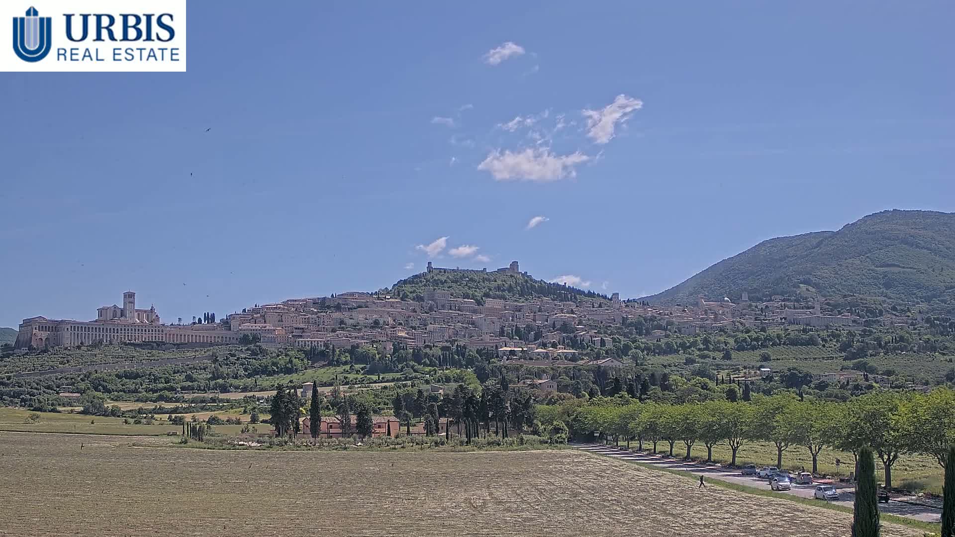 A hilltop town with a large basilica, nestled among green hills under a mostly clear, sunny sky.