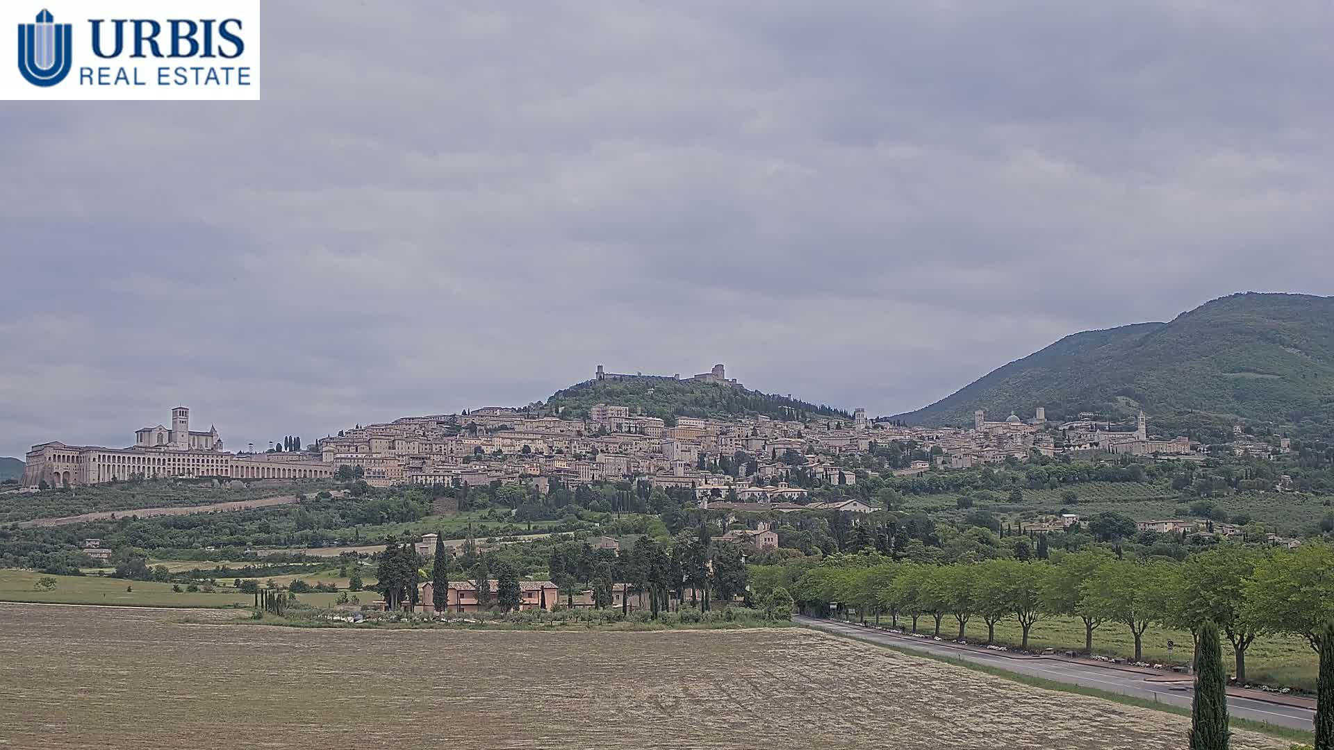 A hilltop town with numerous buildings, including a large basilica, is visible under an overcast sky, with a road and fields in the foreground.