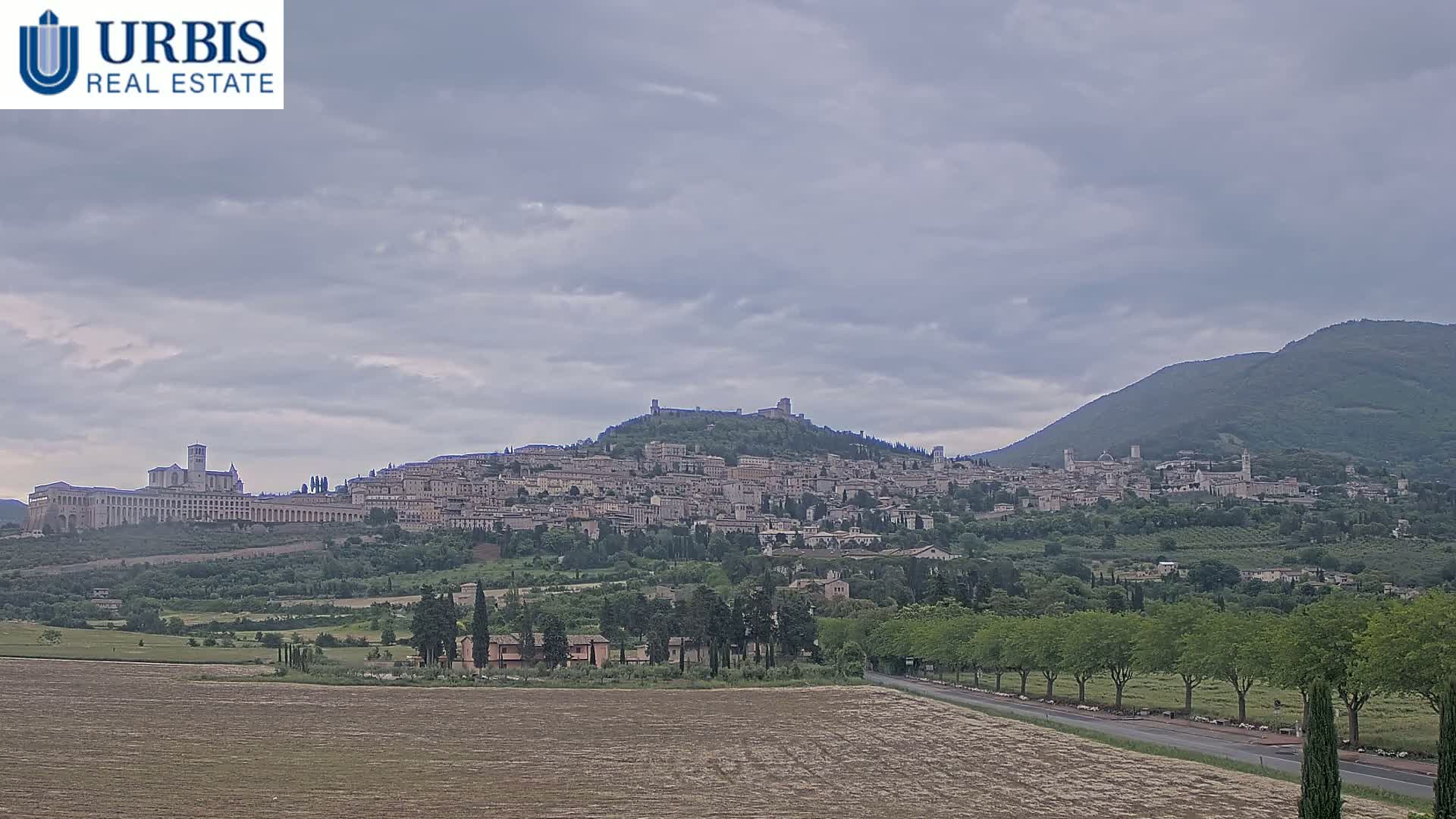 A hilltop town, with a large basilica at its base, is visible under a cloudy sky, surrounded by lush green vegetation and a paved road.