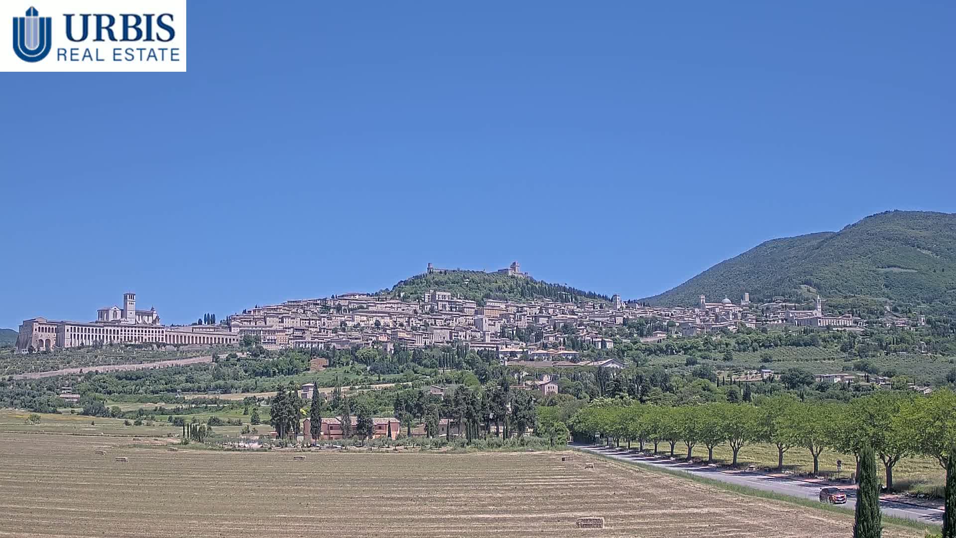 A large town is nestled on a hill under a clear blue sky, with a flat expanse of land and trees in the foreground.