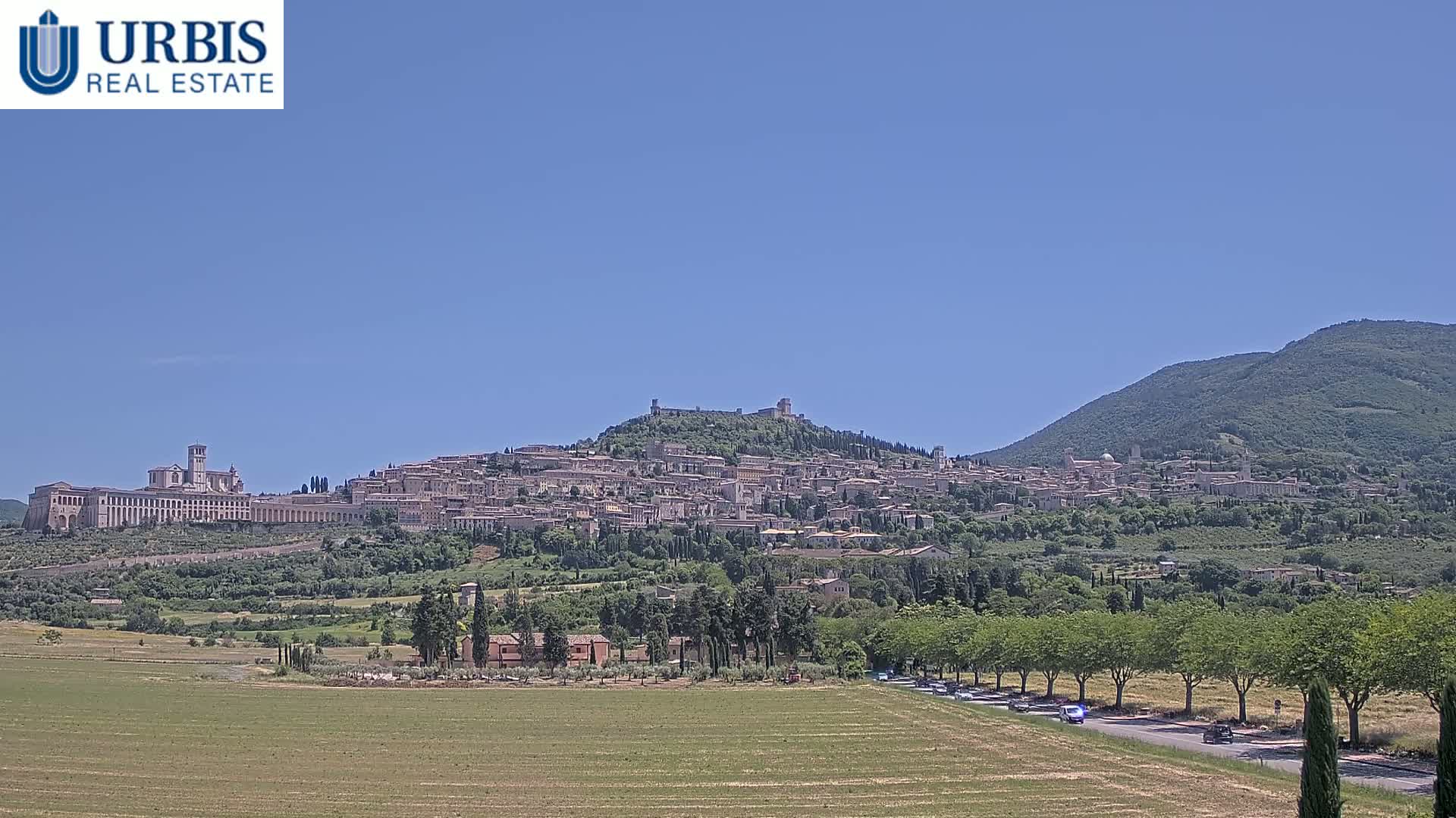 A hilltop town, with a large basilica at its base, is visible under a clear blue sky, with a road and trees in the foreground.