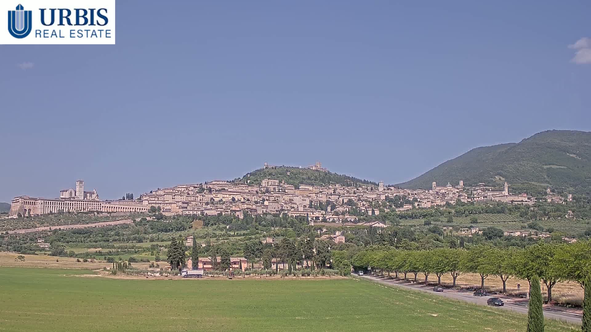 A large town nestled on a hillside, under a clear blue sky, is viewed from a distance across a flat green field.