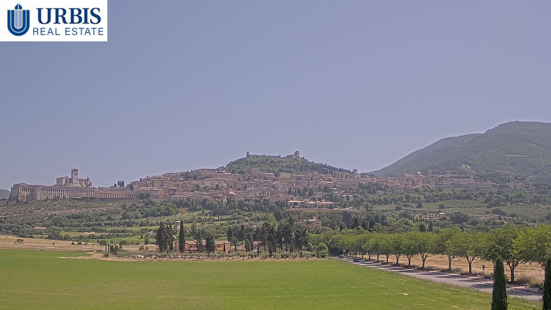 A hilltop town with a large basilica stretches across a hillside under a clear, bright sky, with a flat green field and a road in the foreground.