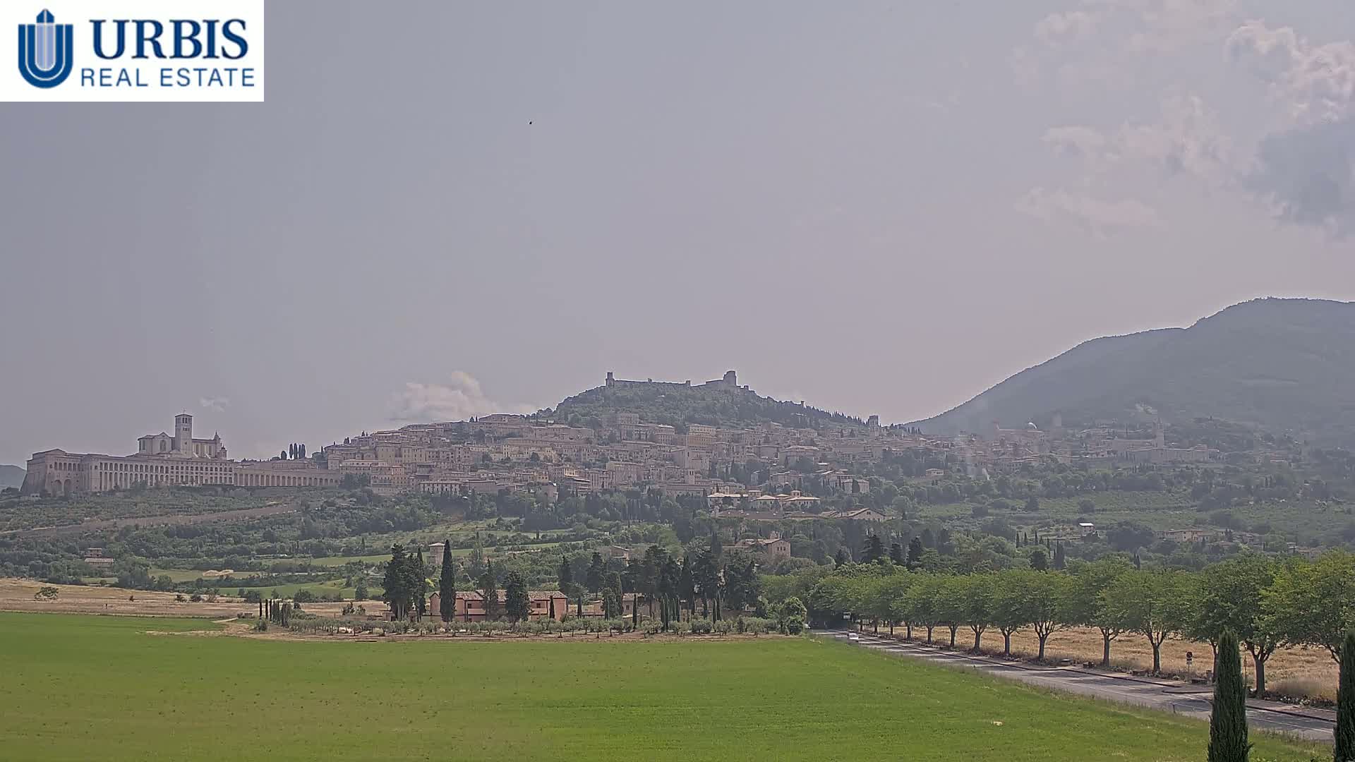 A hazy, sunny day reveals a hilltop town with a large basilica, surrounded by green fields and trees, with mountains in the background.