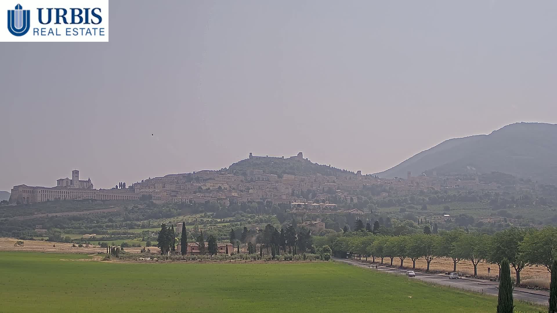 A hazy view shows a hilltop town with a large basilica, surrounded by green fields and trees, under a light-grey sky.