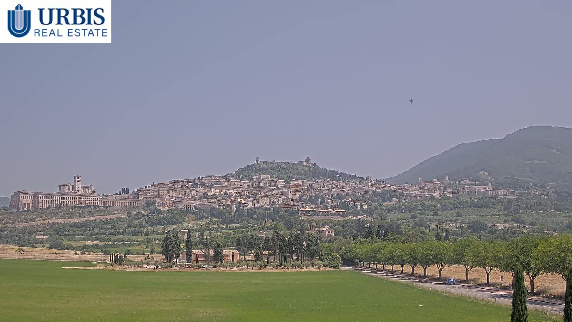 A large hilltop town, under a hazy sky, is viewed from a distance across a flat green field.