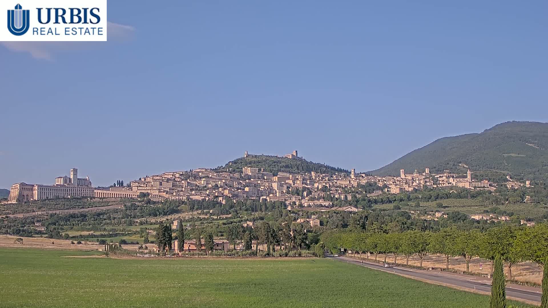A sprawling town nestled on a hill, with a large basilica at its base, is visible under a clear blue sky; in the foreground lies a flat green field with a road and trees.