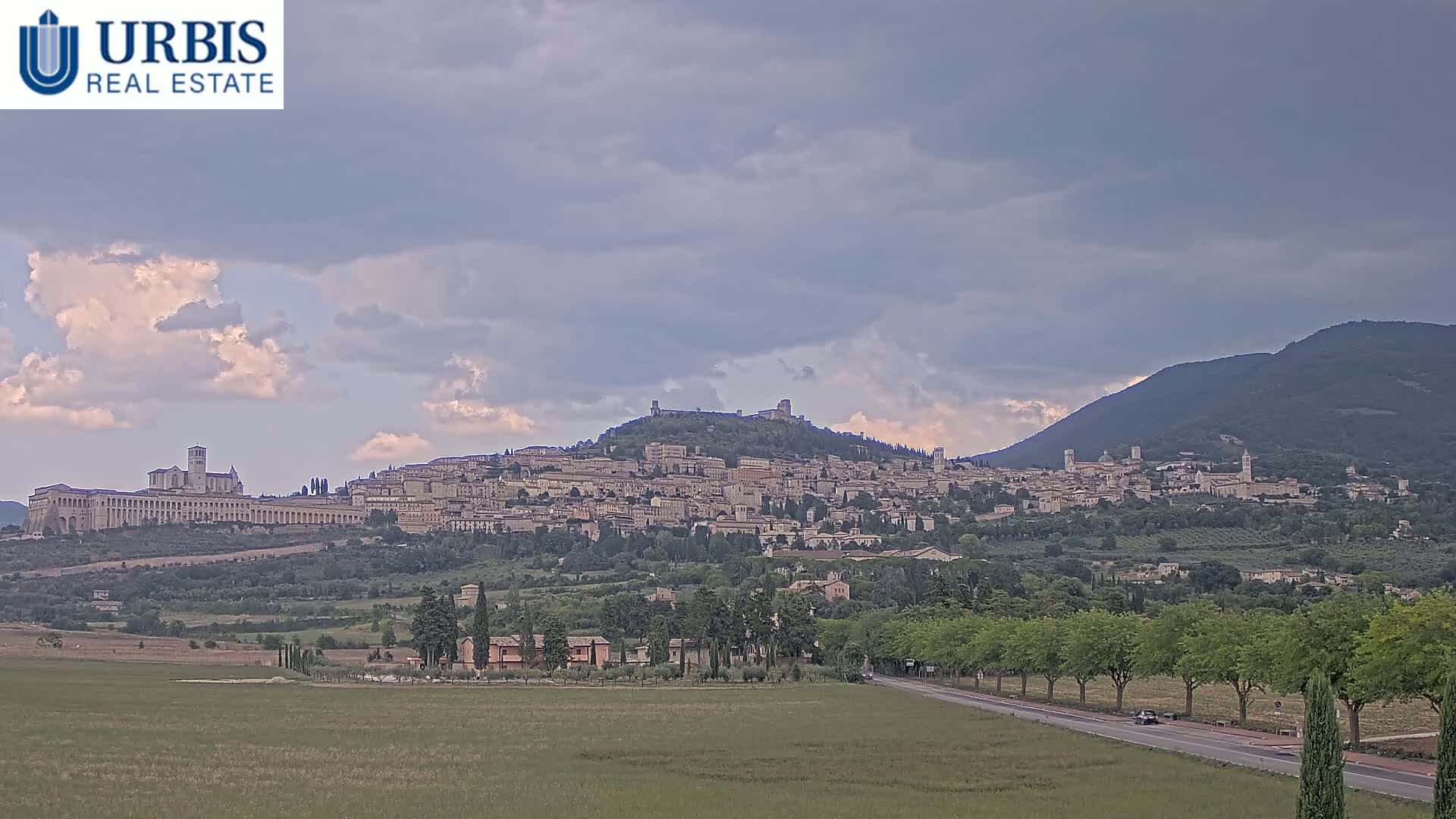 A hilltop town, partially obscured by haze, is seen from a distance on a clear, sunny day, with a verdant plain and a tree-lined road in the foreground.