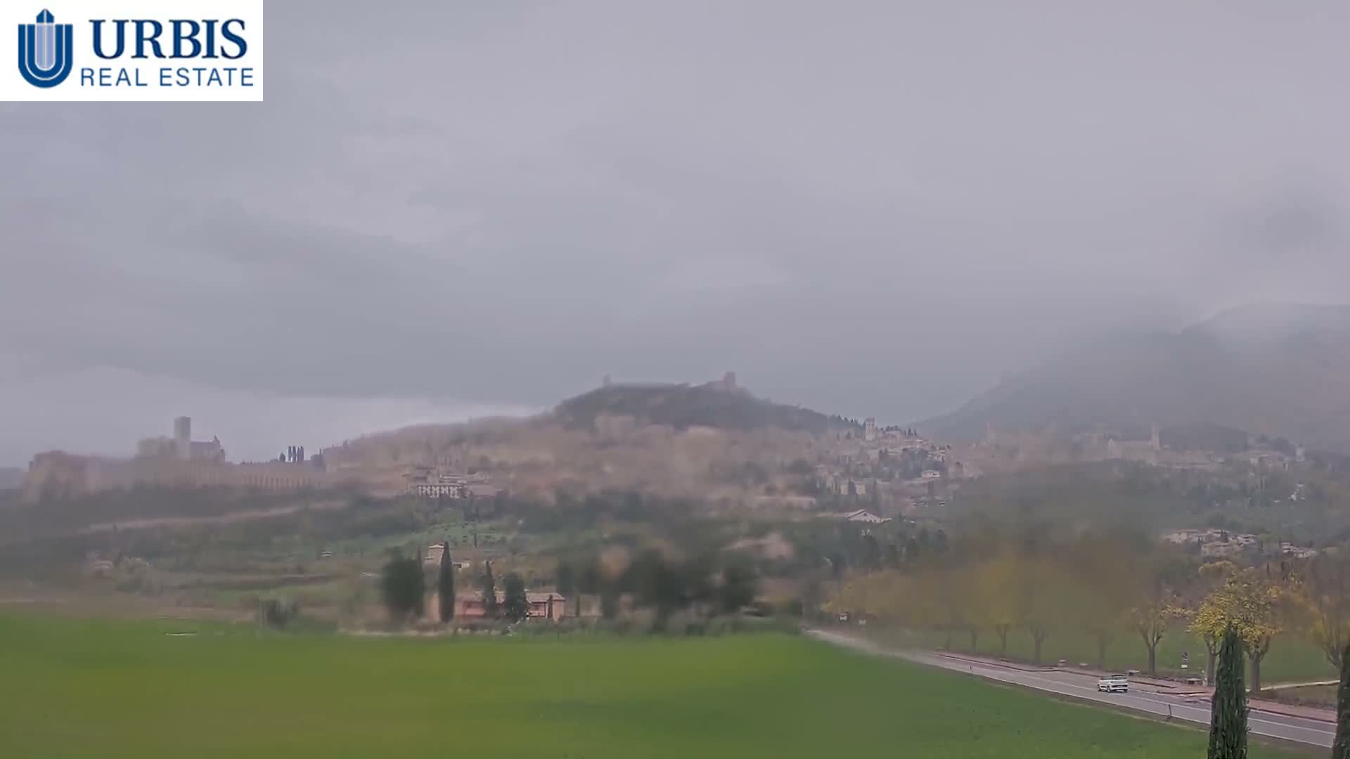 A panoramic view showcases the historic hilltop town of Assisi with its prominent basilica and fortress, situated between verdant fields and a road in the foreground and a tree-covered mountain to the right, all under a mostly cloudy sky.