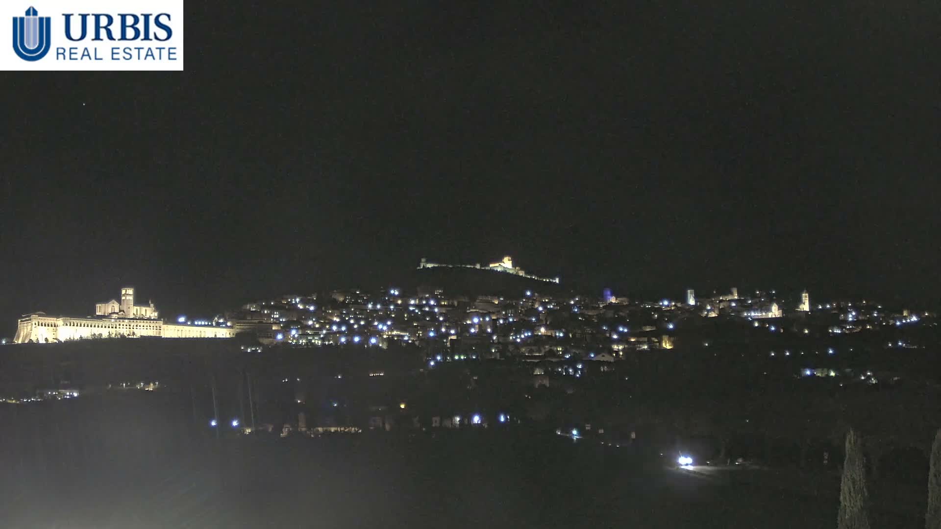 A panoramic view showcases the historic hilltop town of Assisi with its prominent basilica and fortress, situated between verdant fields and a road in the foreground and a tree-covered mountain to the right, all under a mostly cloudy sky.