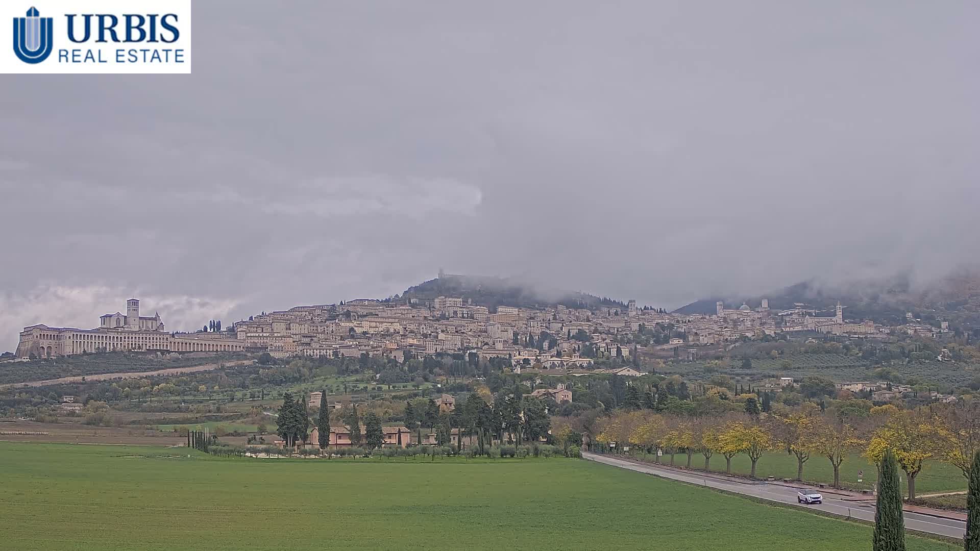 A historic Italian hillside town, likely Assisi, is visible under an overcast and misty sky, with its buildings cascading down a hill above green fields and a tree-lined road.