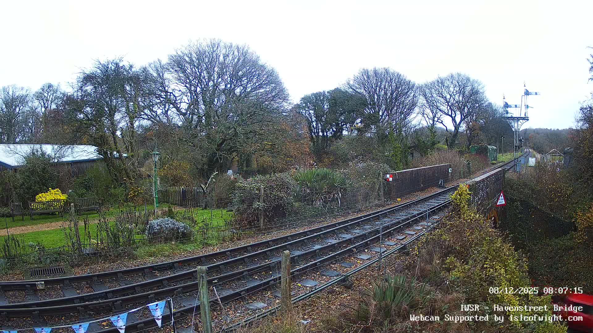A network of railway tracks winds through a wintery landscape of mostly bare deciduous trees and various shrubs under an overcast sky, with a tall railway signal visible in the distance.
