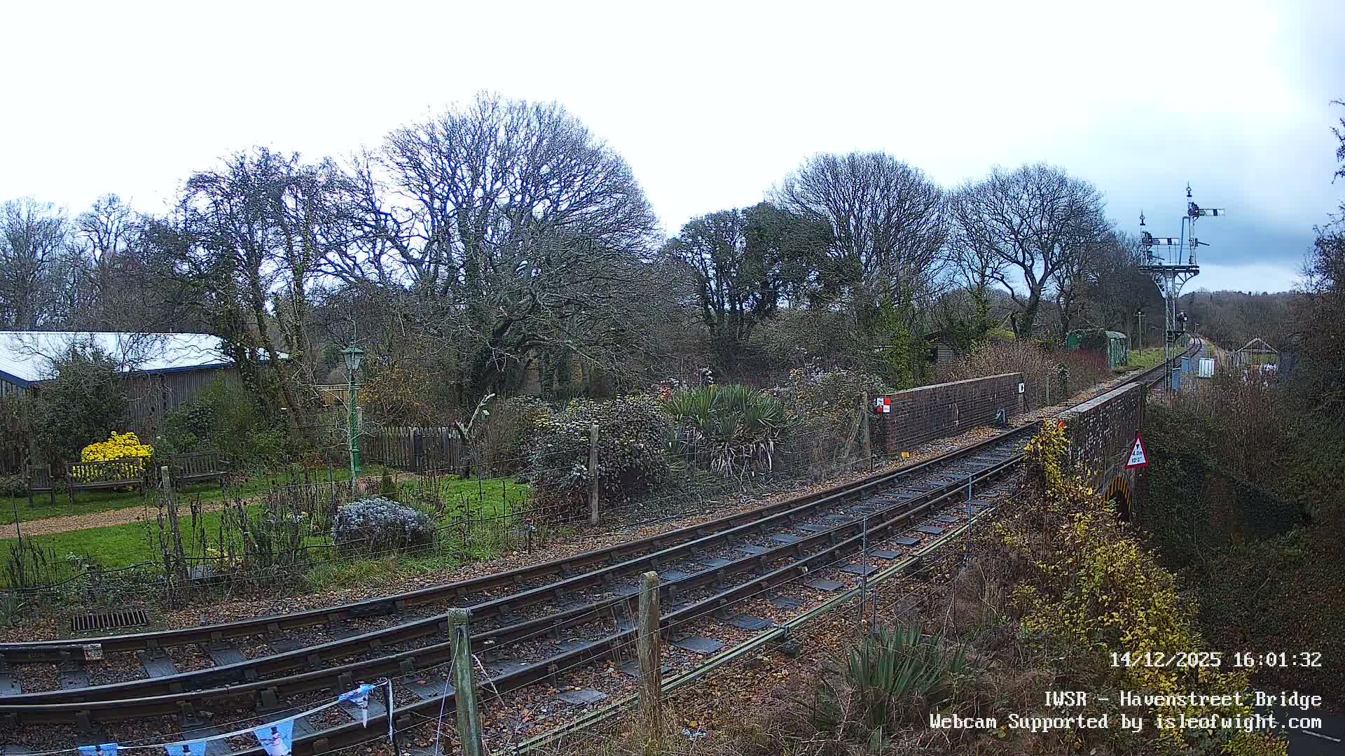 A network of railway tracks winds through a wintery landscape of mostly bare deciduous trees and various shrubs under an overcast sky, with a tall railway signal visible in the distance.