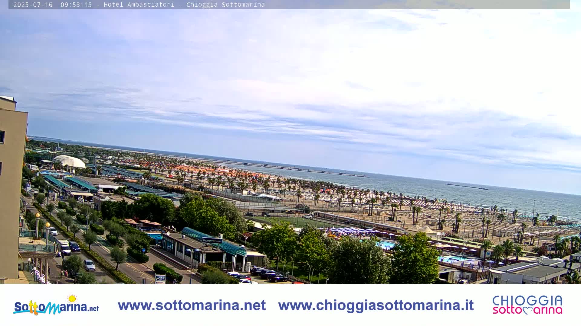 A mostly sunny day reveals a beach scene with numerous umbrellas, palm trees, and a seaside road; the ocean is calm.