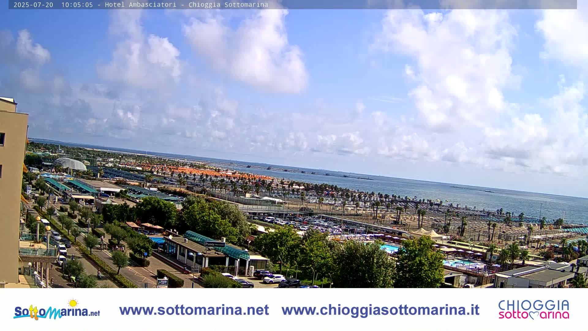 A partly cloudy day overlooks a beach with numerous umbrellas and parking lots, next to buildings and a roadway.