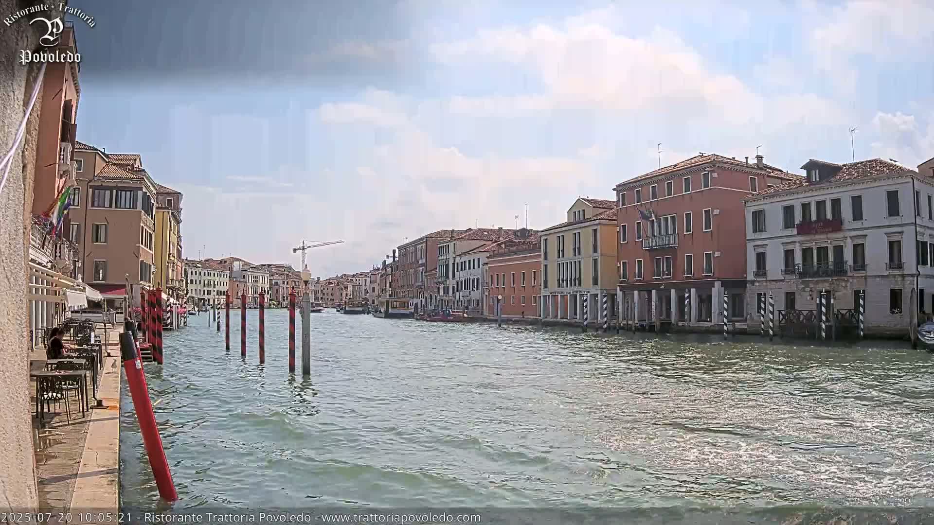 A canal in Venice, Italy, shows a partly cloudy sky and multiple-story buildings lining the waterway on both sides, with several boats visible.