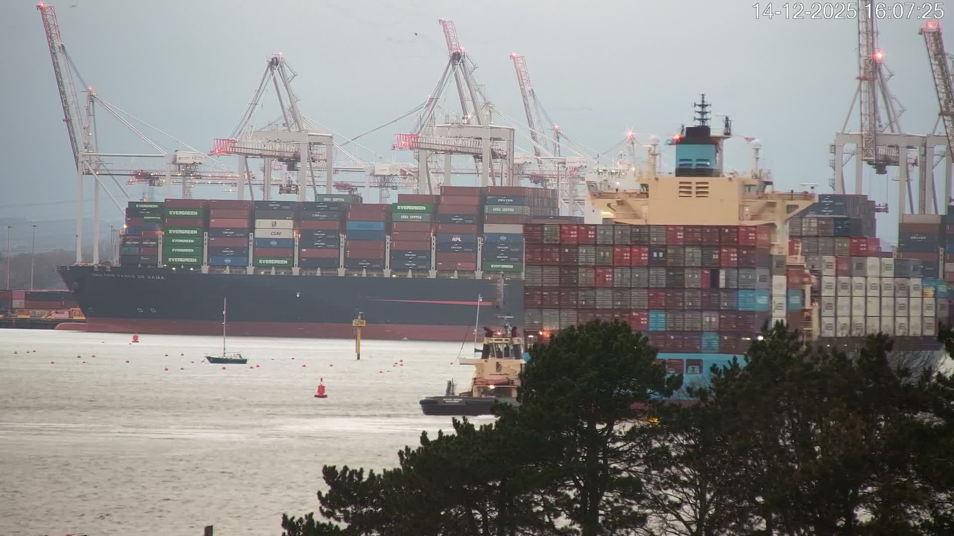 Under an overcast sky, a large container ship is docked at a busy port lined with cranes, while a choppy grey waterway dotted with small boats separates it from a wet grassy foreground featuring pine trees and a section of a white building.