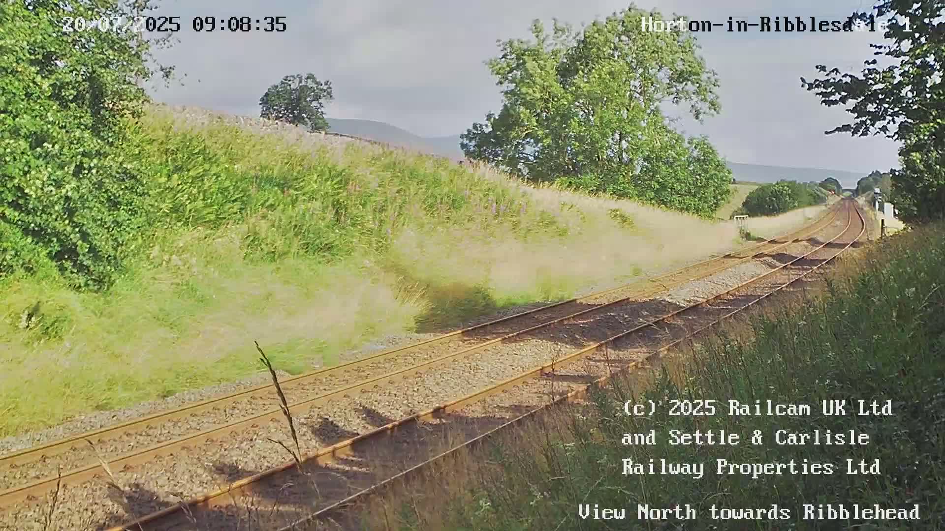 A view of a railway track stretching into the distance on a partly sunny day, passing through grassy fields and alongside trees.