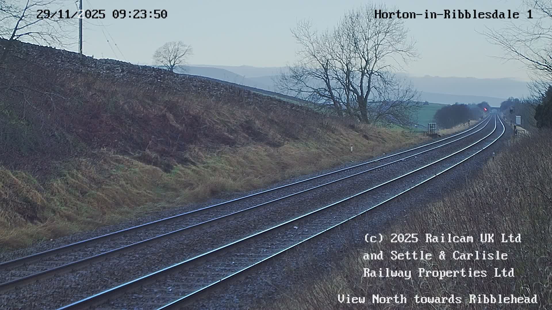Two parallel railway tracks curve into the distance through a muted, wintery landscape of grassy hillsides and bare trees under an overcast sky, with a distant red signal light visible along the line.