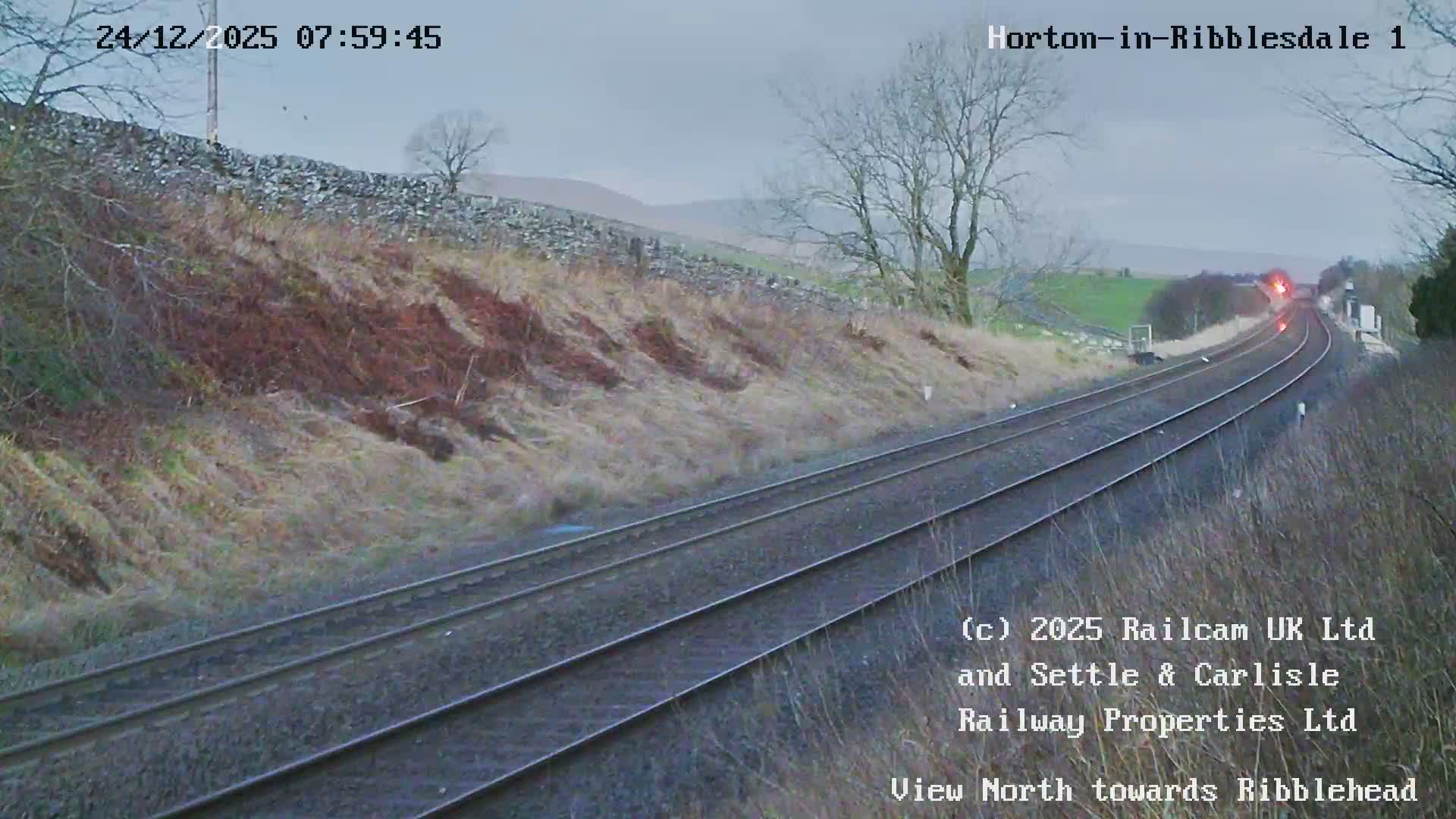 Under an overcast sky, a double railway track curves through a rural landscape with brown grassy slopes and bare trees, leading to distant red signal lights.