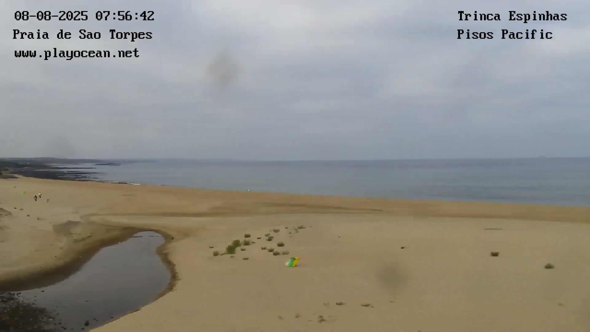 A sandy beach with a small body of water stretches toward a calm, gray-toned ocean under an overcast sky.